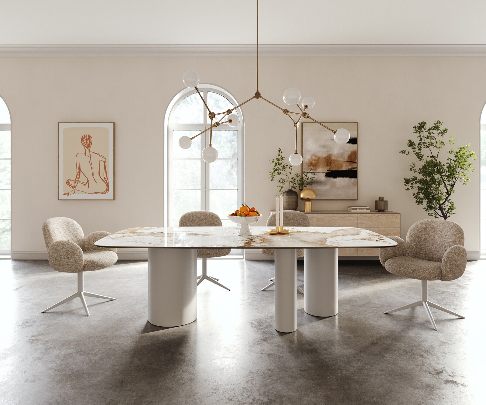 Stół do jadalni Edge w kształcie beczki 240x120 cm ceramika Minas Melange biało-beżowa rama Troa metal biały 2