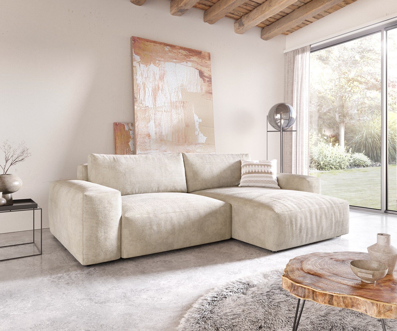 Sofa narożna Lanzo XL 270x180cm sztruks beżowy szezlong z możliwością zmiennego ustawienia