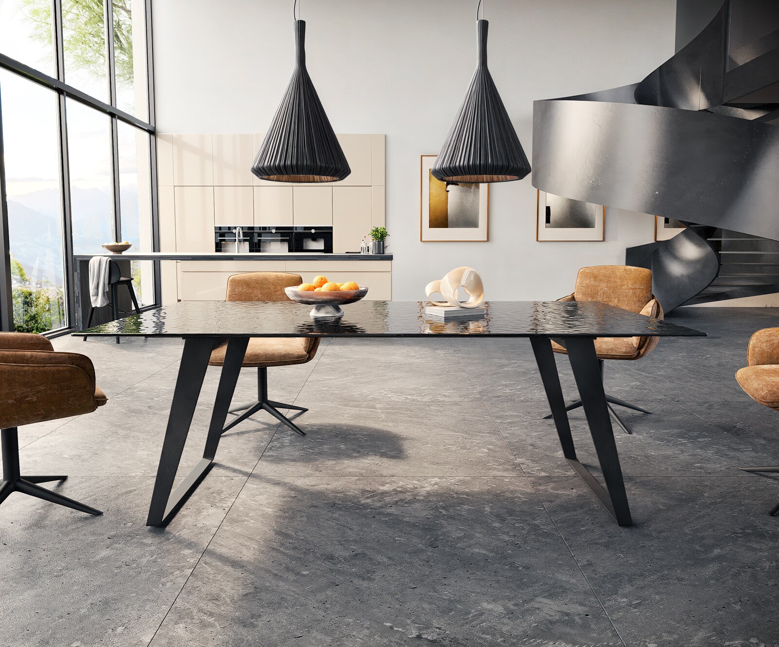 Stół do jadalni Edge 200x100 cm szkło reliefowe czarne efekt 3D metal pochylona rama czarna 1