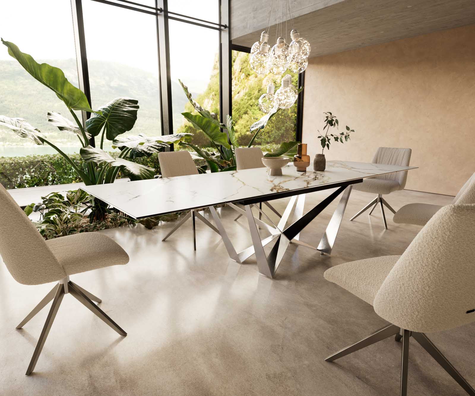 Stół do jadalni Edge 200-300x100 cm ceramika Calacatta Luxe biało-złoto-szary rama Spider stal nierdzewna rozkładany