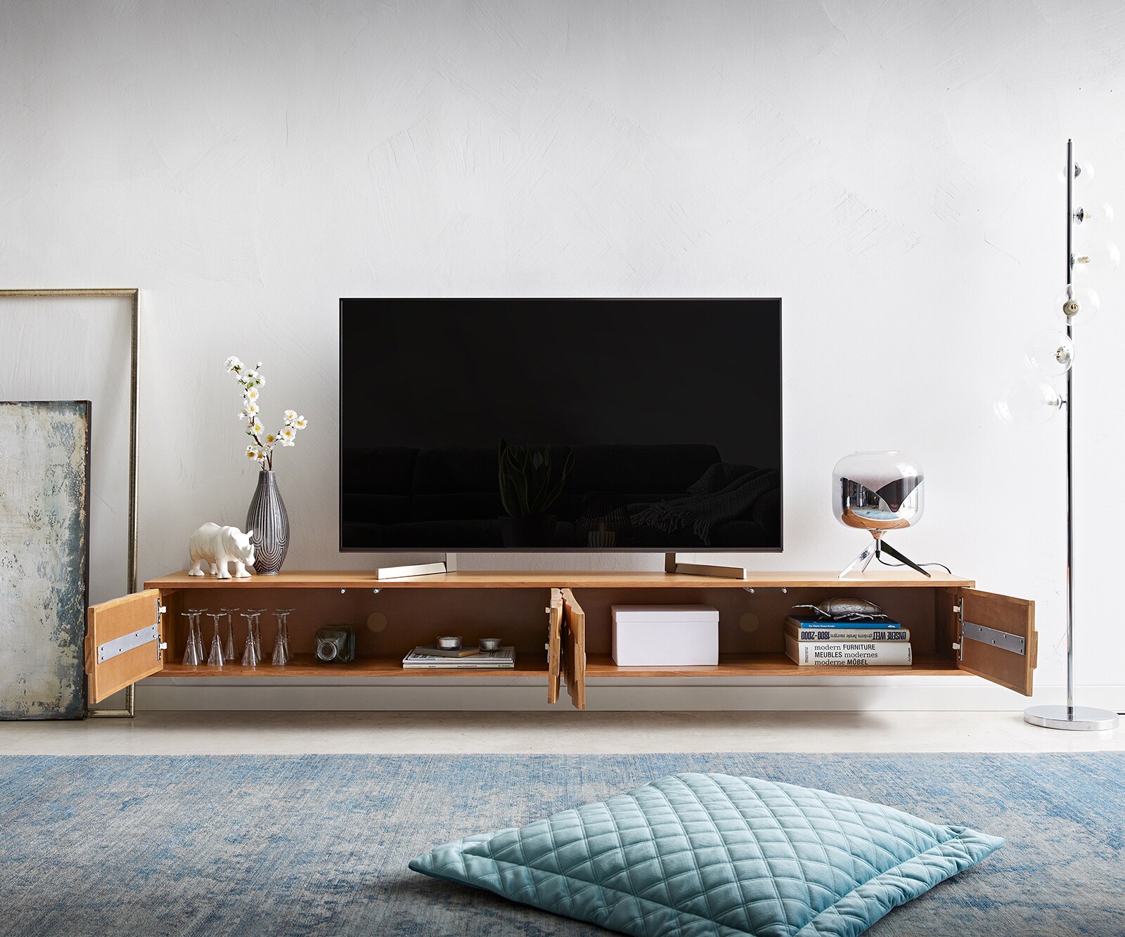 Szafka RTV Fevo 220 cm akacja naturalna 4 drzwi podwieszana 3