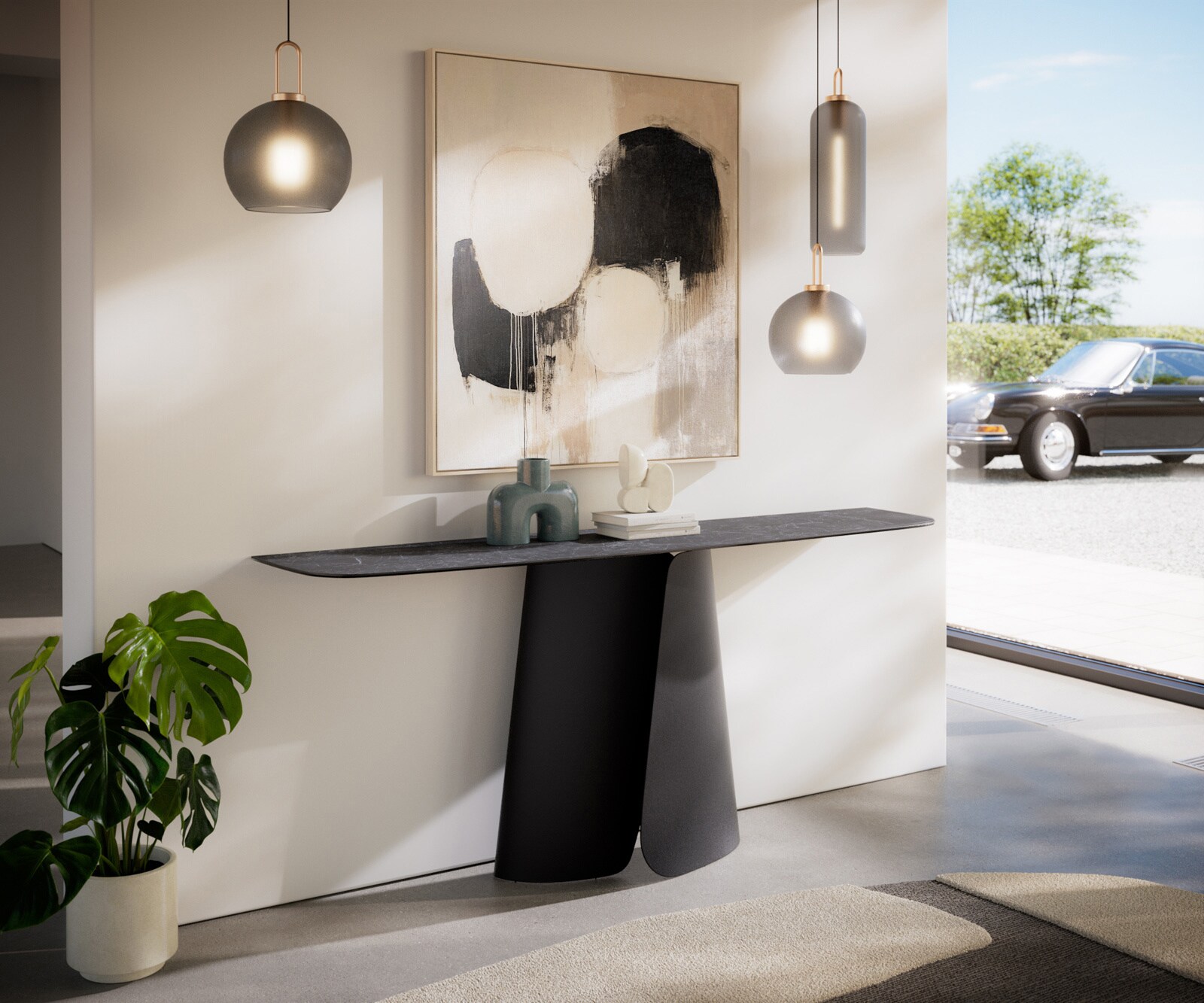Konsola Edge w kształcie beczki 180x40 cm Laminam® Nero Greco antracytowa podstawa Livos metal czarny 7