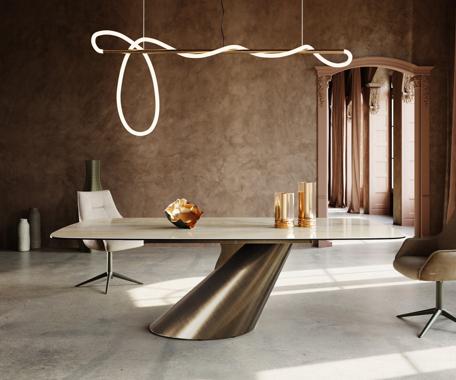 Stół do jadalni Edge w kształcie beczki 240x120cm ceramika Iris FMG Onice Oro rama Cono metaliczny złoty 1