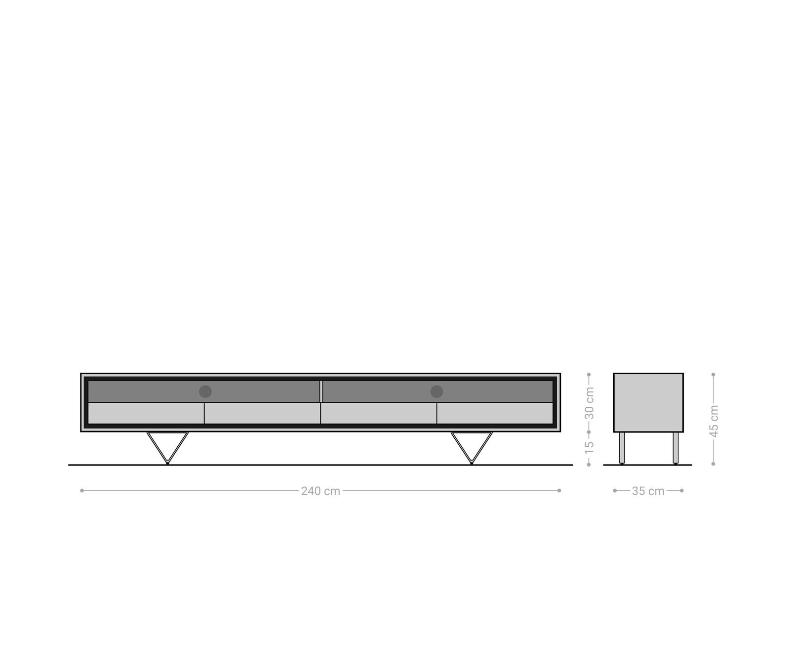 Szafka RTV Stonegrace 240 cm akacja naturalna 2 przegrody 4 szuflady fornir kamienny nóżki V 6