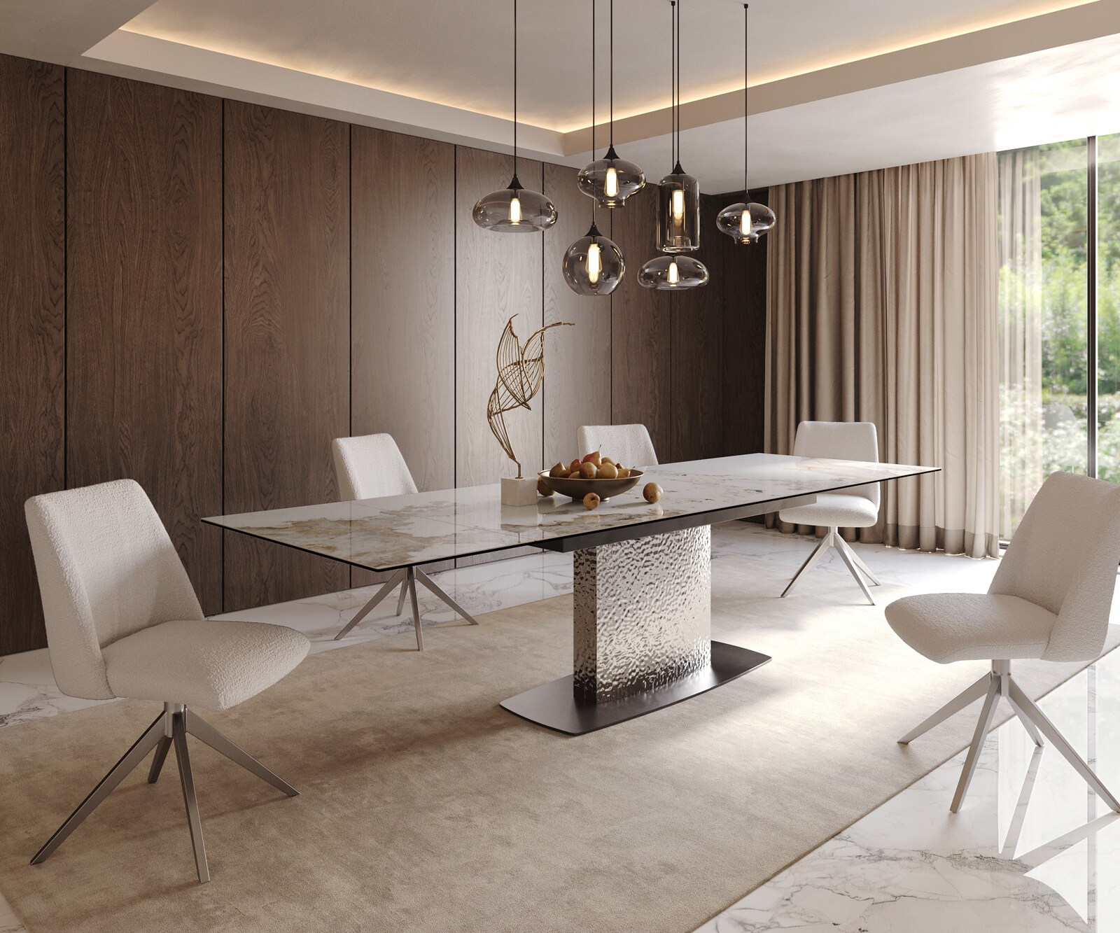Stół do jadalni Edge 200-300x100 cm ceramika Minas Melange biało-beżowy rama Wave stal nierdzewna rozkładany 8