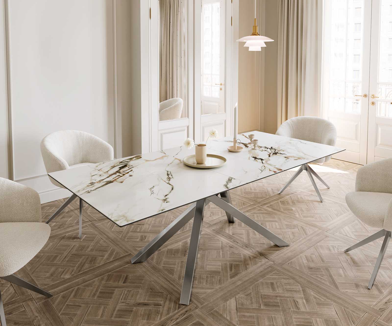 Stół do jadalni Edge 180-220x100 cm ceramika Calacatta Luxe biało-złoto-szary rama Cross stal nierdzewna rozkładany