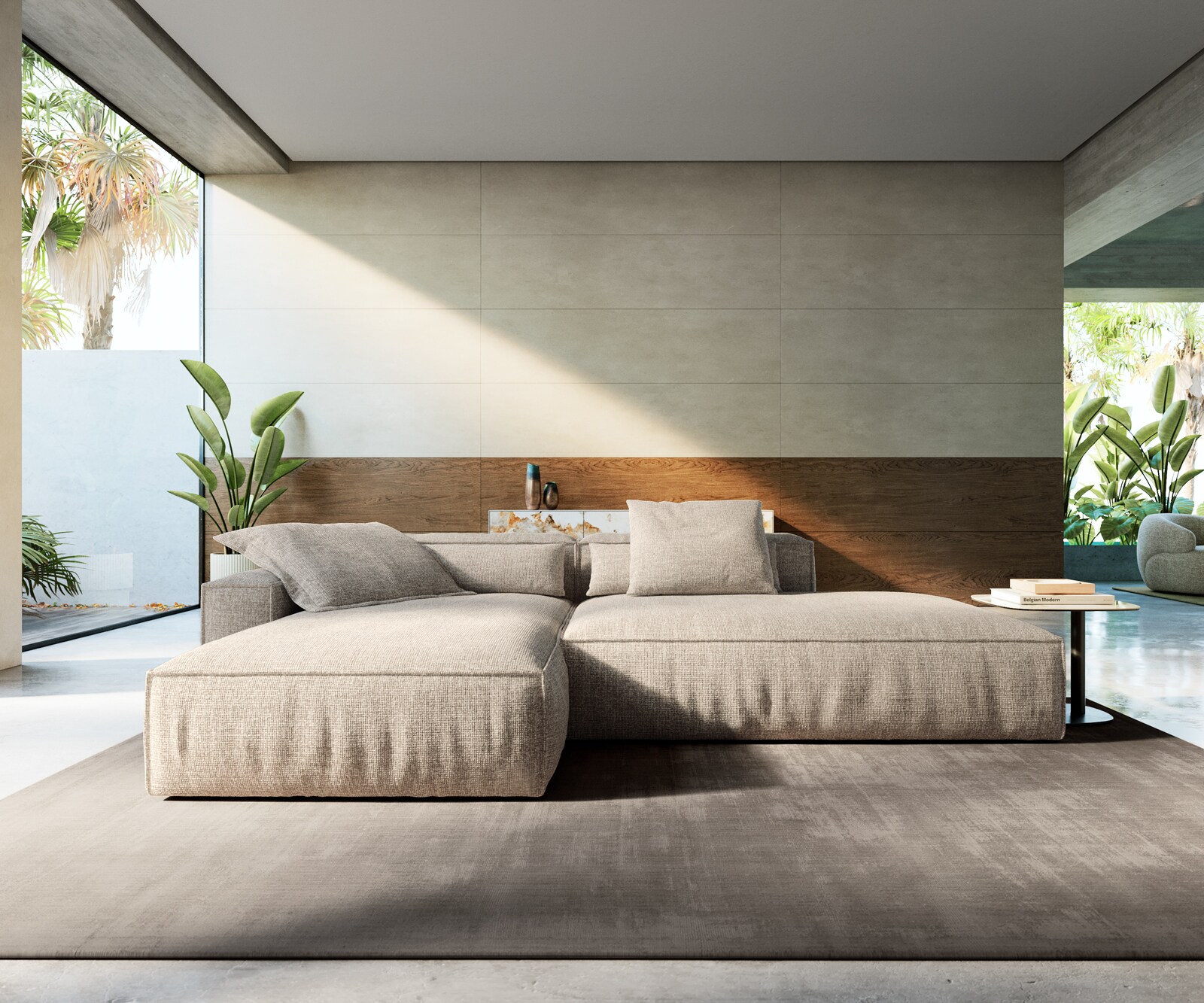 Sofa narożna Freestyle 310x200 cm miękka tkanina beżowa z lamówką