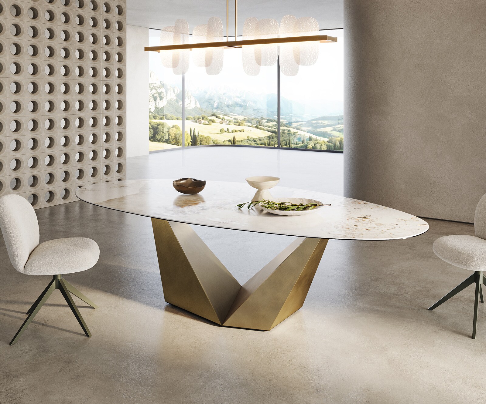 Stół do jadalni Edge owalny 280x130 ceramika Minas Melange biało-beżowa rama Prisma metaliczny złoty 4