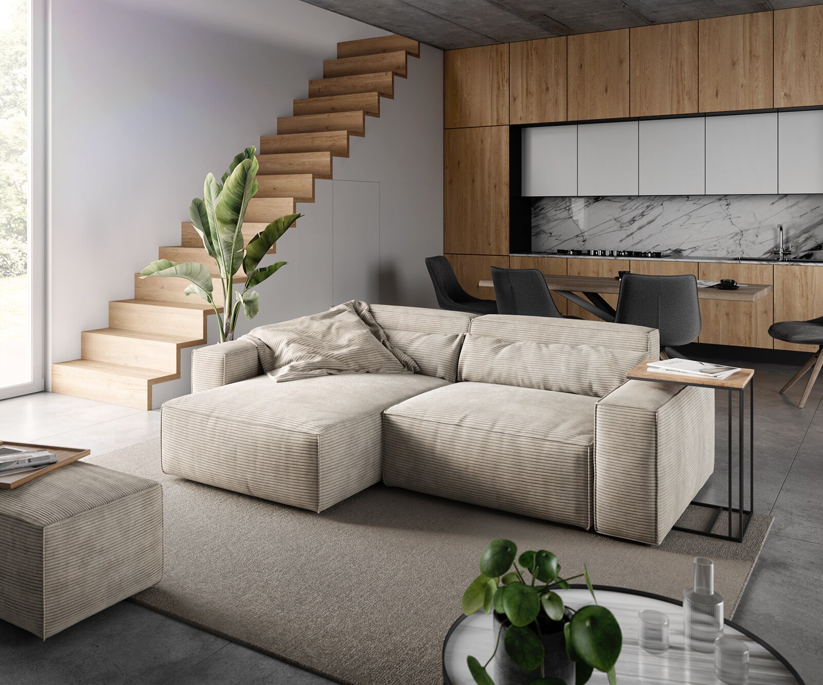 Sofa narożna Sirpio 230x155 cm sztruks beżowy szezlong z możliwością obustronnego montażu z pufem