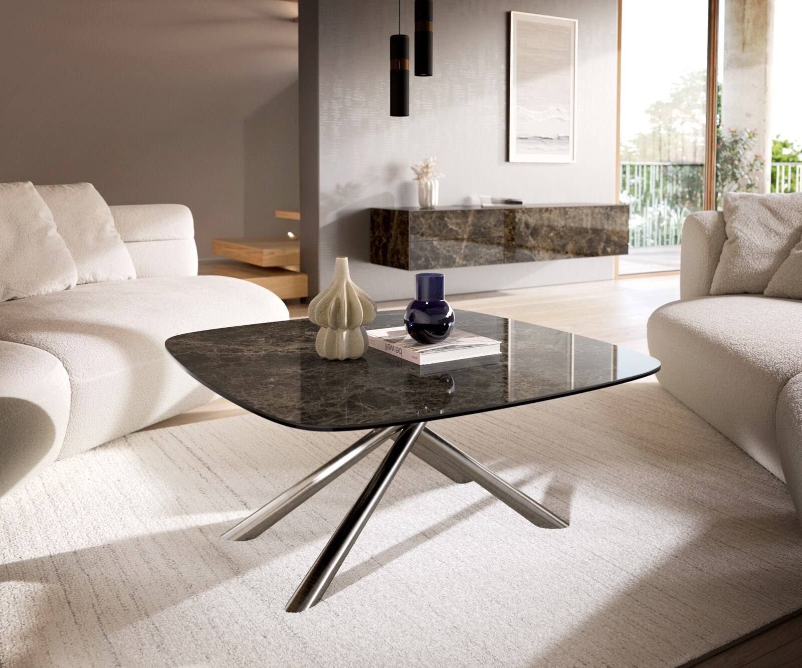 Stolik kawowy Edge w kształcie beczki 90x90 cm ceramika Laminam® Emperador Extra Lucidato ciemnobrązowa podstawa Sarity stal nierdzewna szczotkowana 1