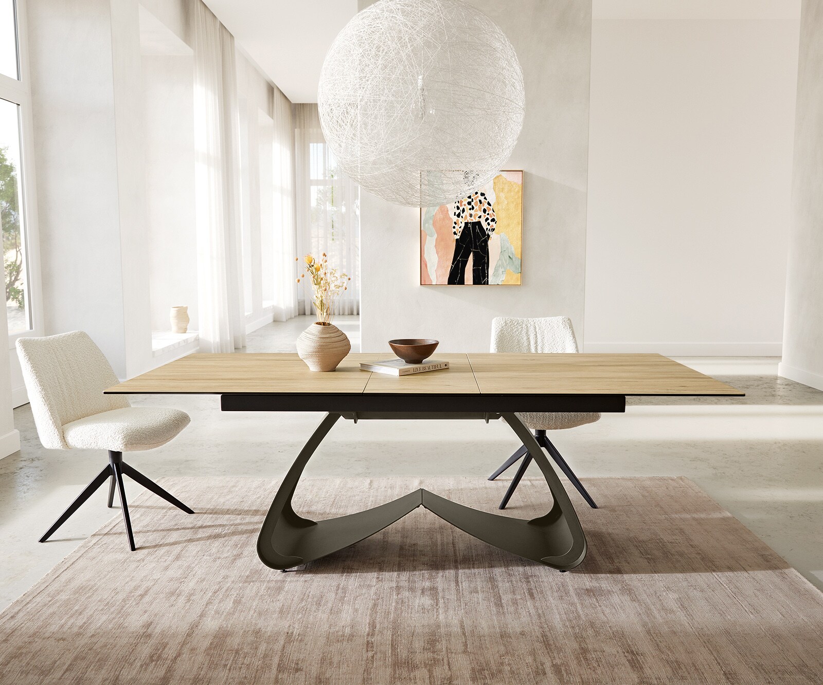 Stół do jadalni Edge 180-220x100 cm ceramika Laminam® Sabbia kolor dębu rama W kolor tytanowy rozkładany