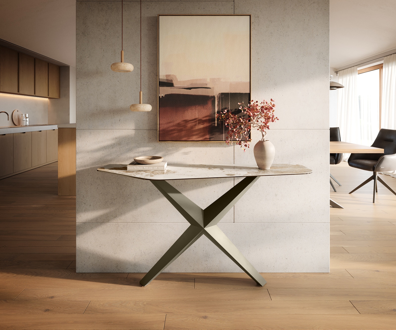 Konsola Edge wielokątna 140x50 cm ceramika Minas Melange biało-beżowa podstawa Zentharo metal w kolorze tytanu 1