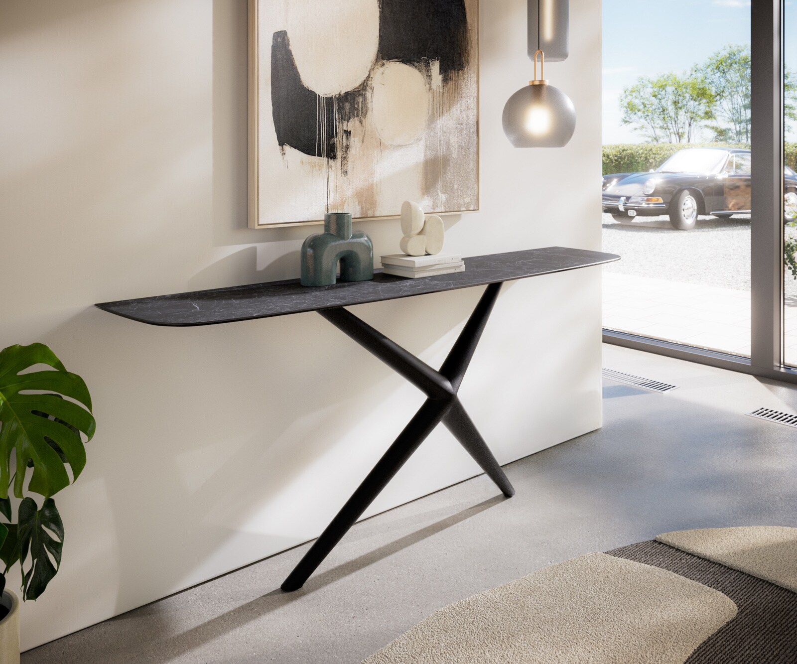 Konsola Edge w kształcie beczki 180x40 cm Laminam® Nero Greco antracytowa rama Estelo metal czarny 4