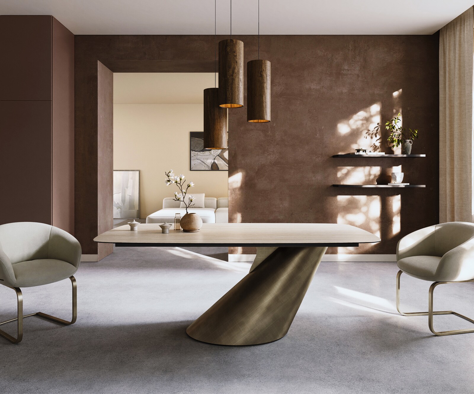 Stół do jadalni Edge w kształcie beczki 200x100cm ceramika Laminam® Travertino Bianco kremowo-biały rama Cono metaliczny złoty