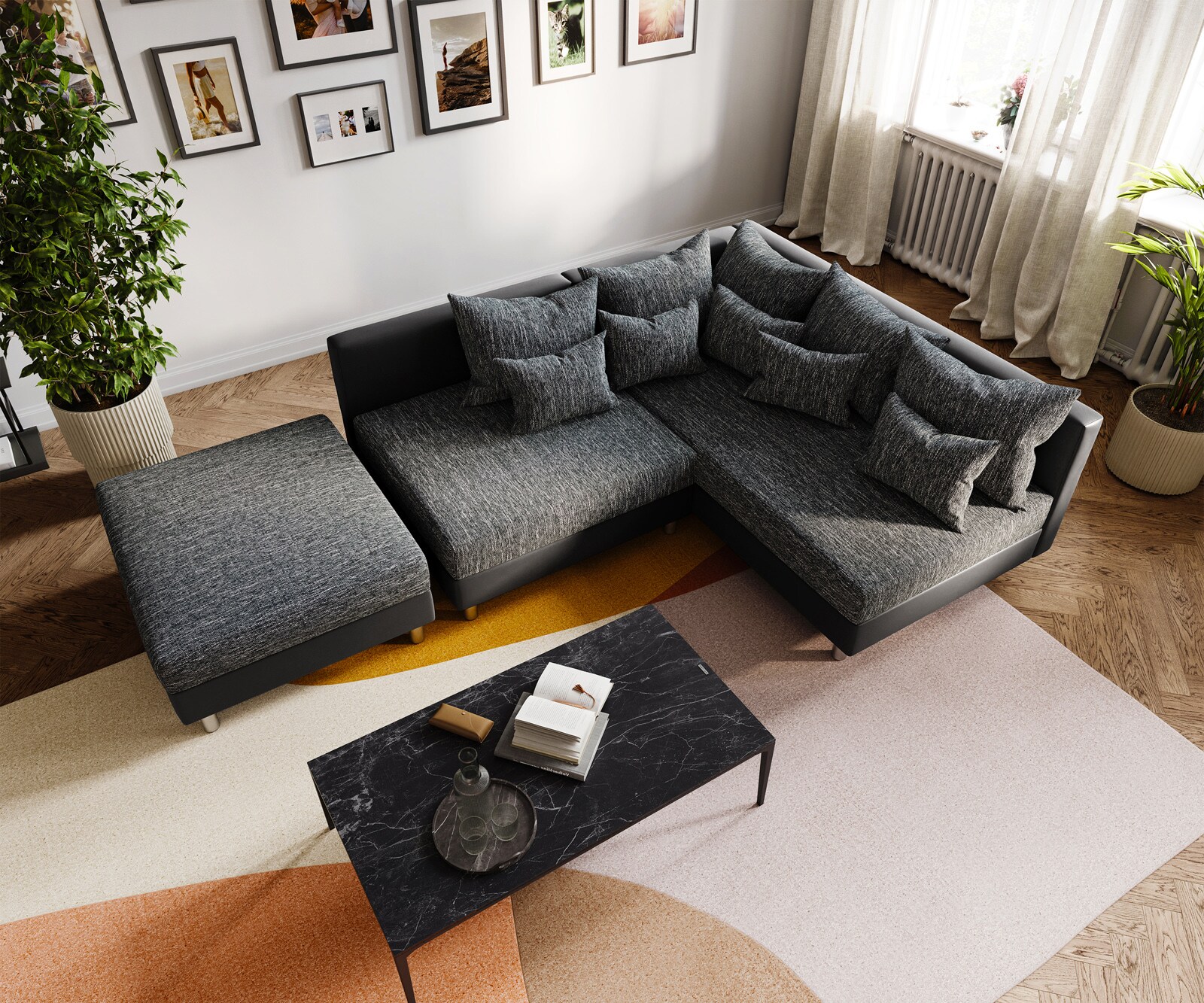 Sofa narożna Clovis czarna z pufem szezlong prawy modułowa 4