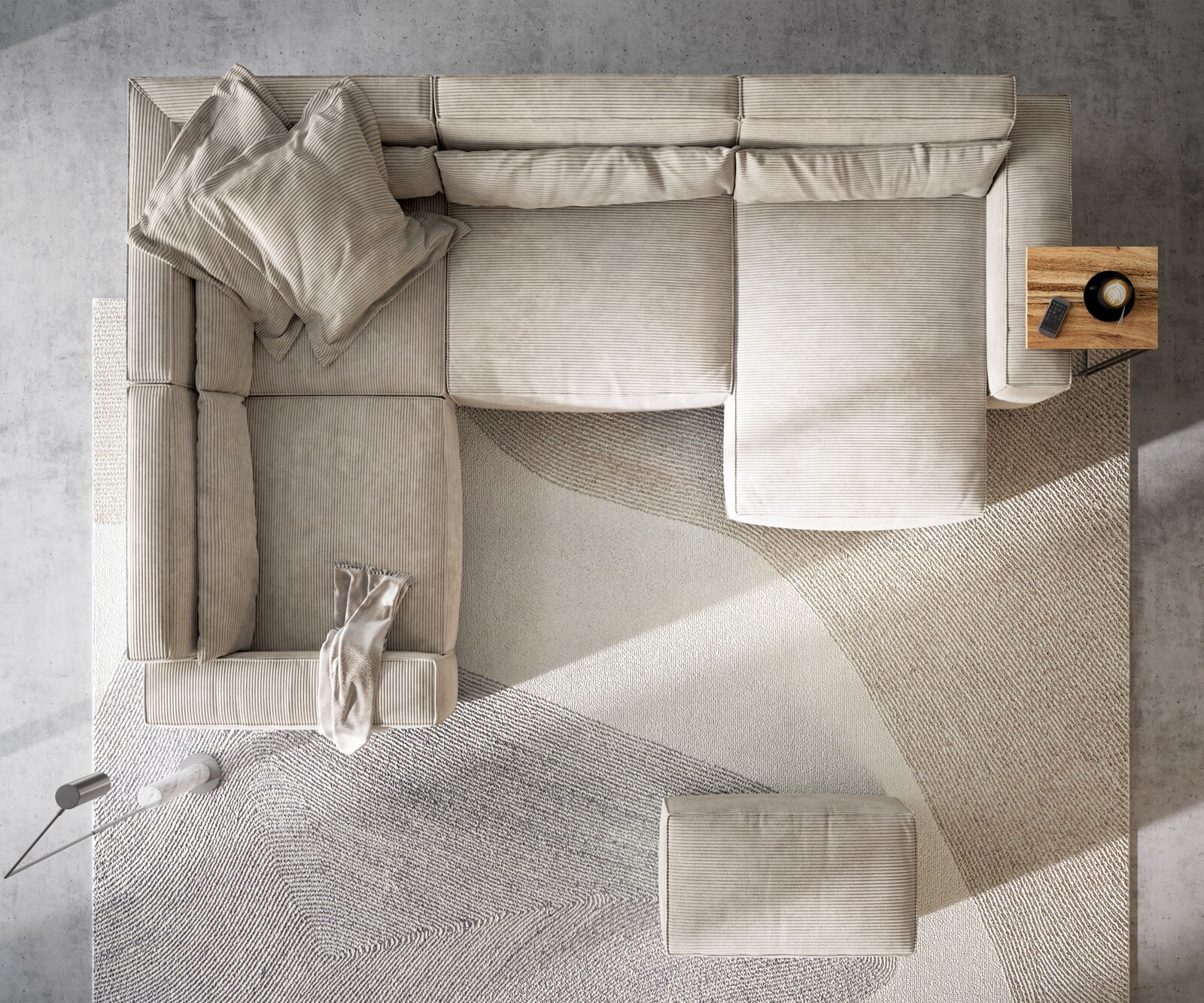 Sofa w kształcie litery U Sirpio 300x210 cm sztruks beżowy szezlong z możliwością obustronnego montażu z pufem 6