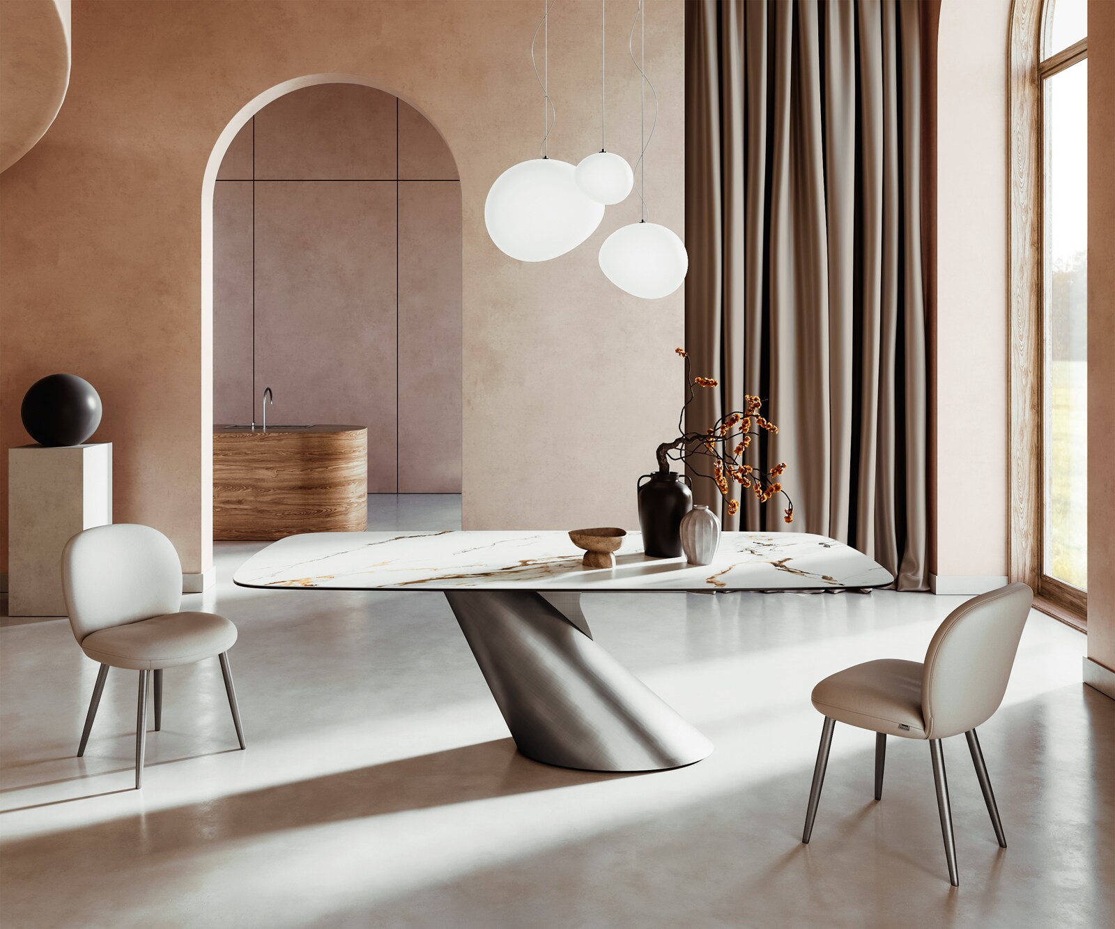 Stół do jadalni Edge kształt beczki 240x120cm ceramika Calacatta Luxe biało-złoto-szary rama Cono metaliczny srebrny