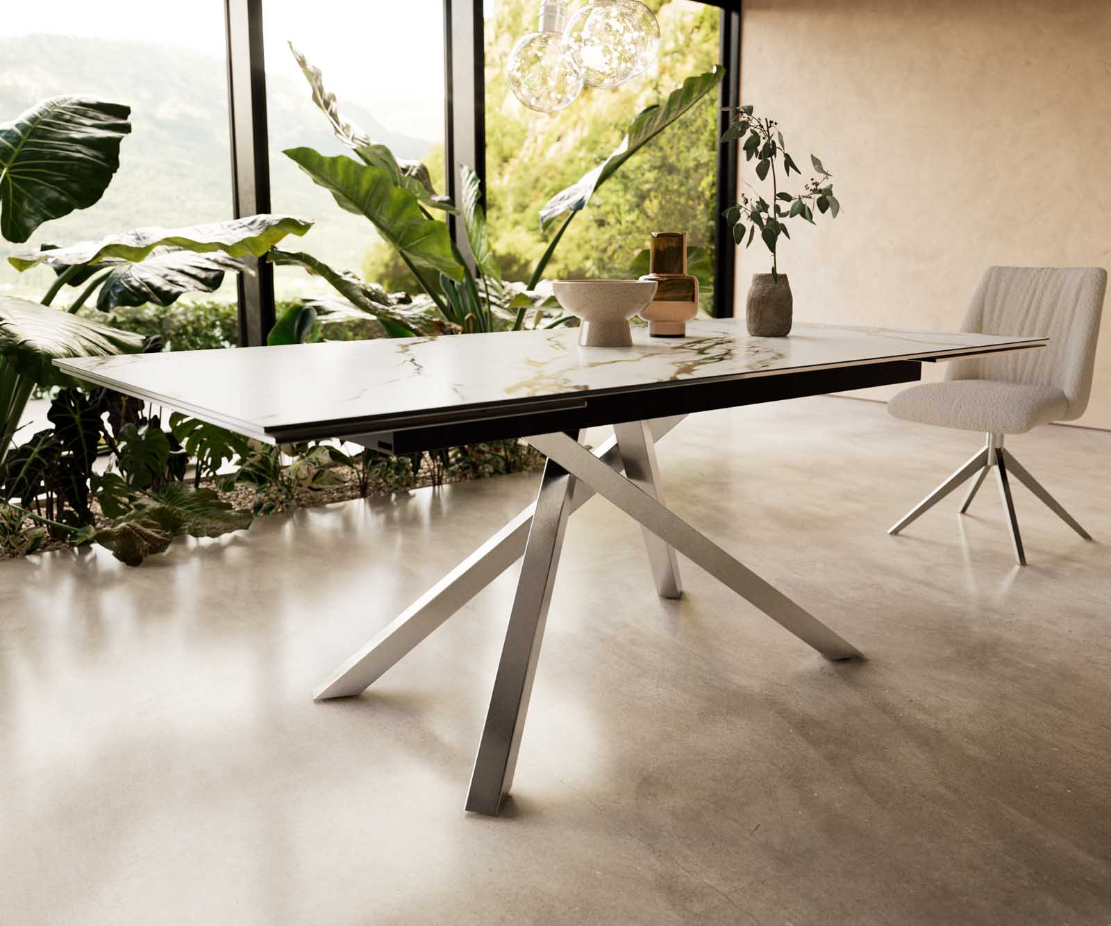 Stół do jadalni Edge 200-300x100 cm ceramika Calacatta Luxe biało-złoto-szary rama Cross stal nierdzewna rozkładany 6