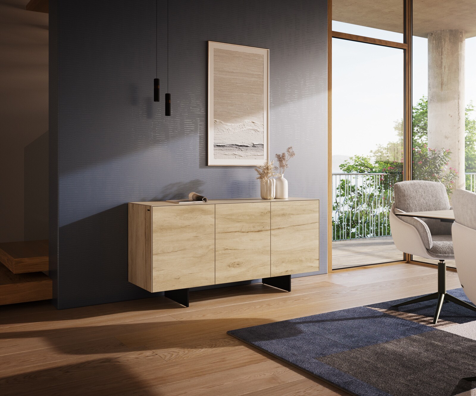 Komoda Cuor 150 cm ceramika Laminam® Sabbia (kolor dębu) 3 drzwi nóżki wąskie czarny metal 1