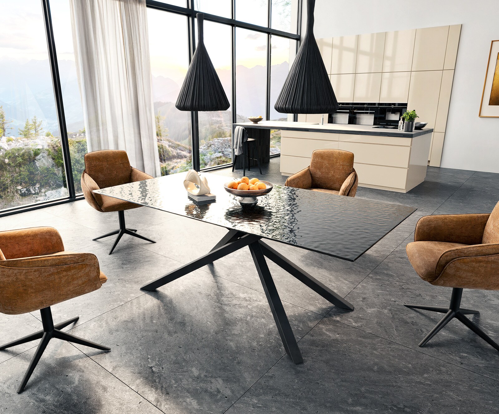 Stół do jadalni Edge 200x100 cm szkło reliefowe czarne efekt 3D rama Cross czarna 6
