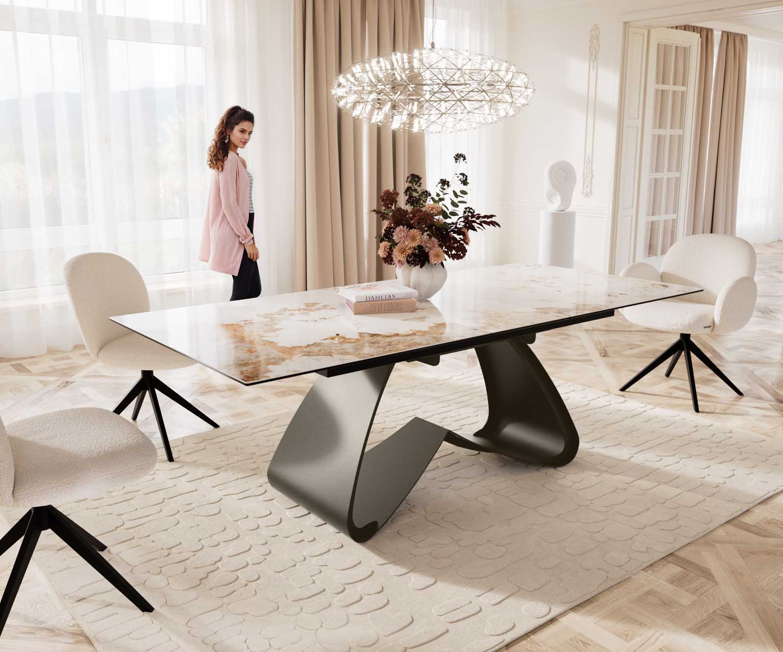 Stół do jadalni Edge 180-220x100 cm ceramika Minas Melange biało-beżowy rama W kolor tytanowy rozkładany