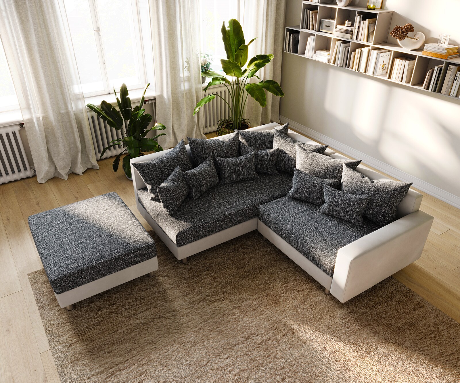 Sofa narożna Clovis biało-czarna podłokietnik puf szezlong lewy 3