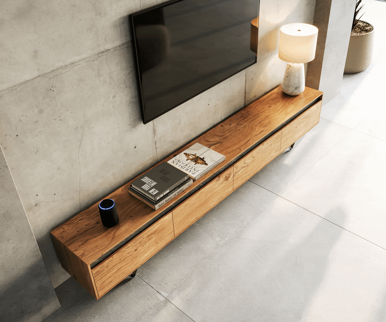 Szafka RTV Stonegrace 240 cm akacja naturalna łupek 4 drzwi 3