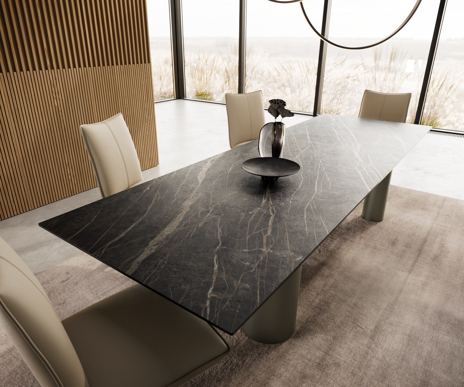 Stół do jadalni Edge 300x100cm ceramika Laminam® Noir Desir brązowy rama Pilier metal kolor tytanowy 4