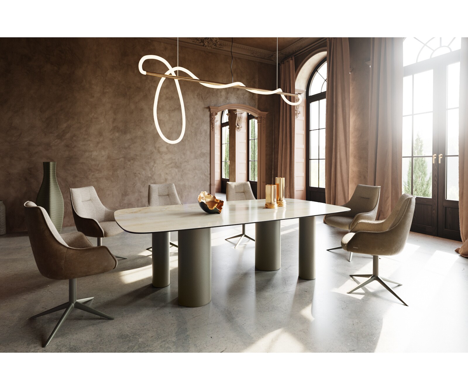 Stół do jadalni Edge kształt beczki 240x120cm ceramika Iris FMG Onice Oro rama Pilier metal kolor tytanowy 4