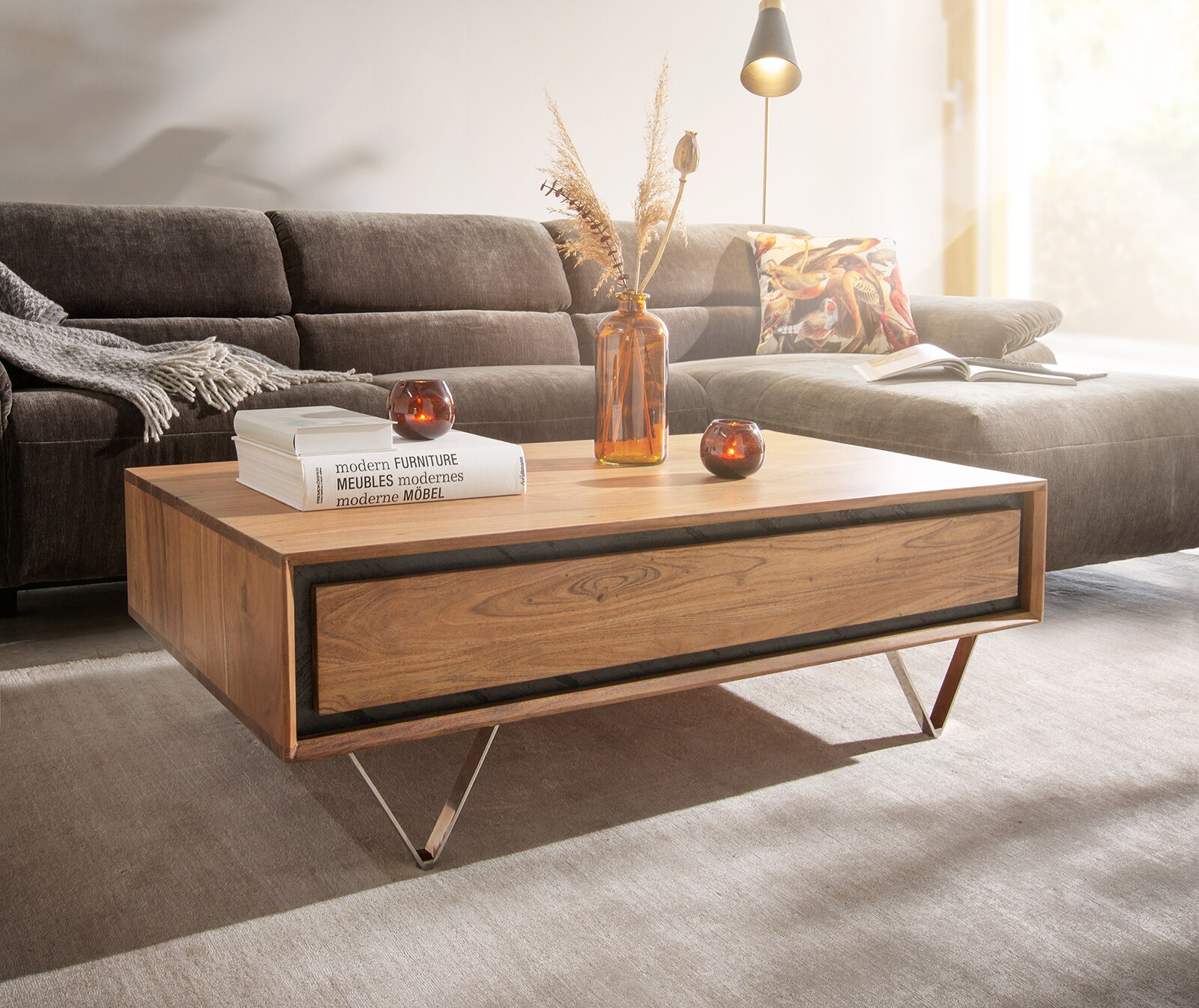 Stolik kawowy Stonegrace 115x60 cm akacja naturalna 2 szuflady fornir kamienny