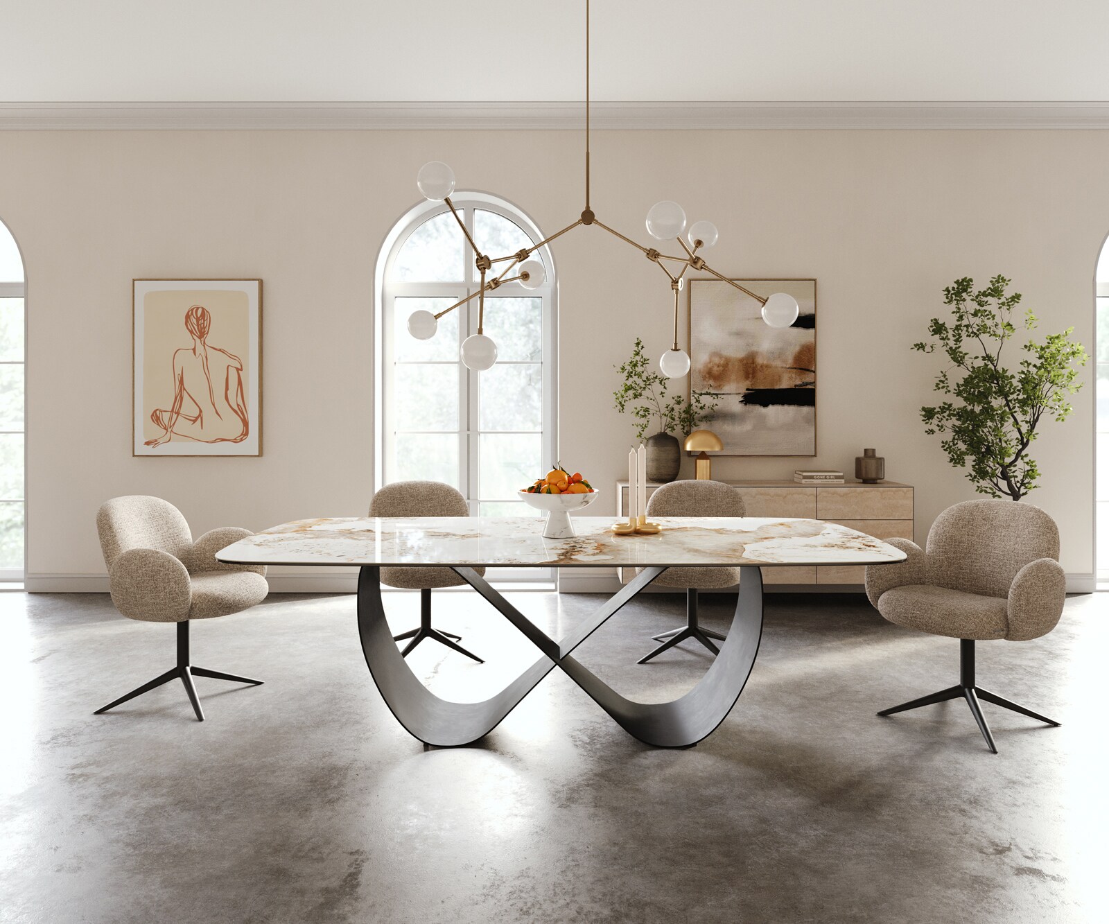 Stół do jadalni Edge w kształcie beczki 240x120 cm ceramika Minas Melange biało-beżowa rama Infinity metal czarny 2