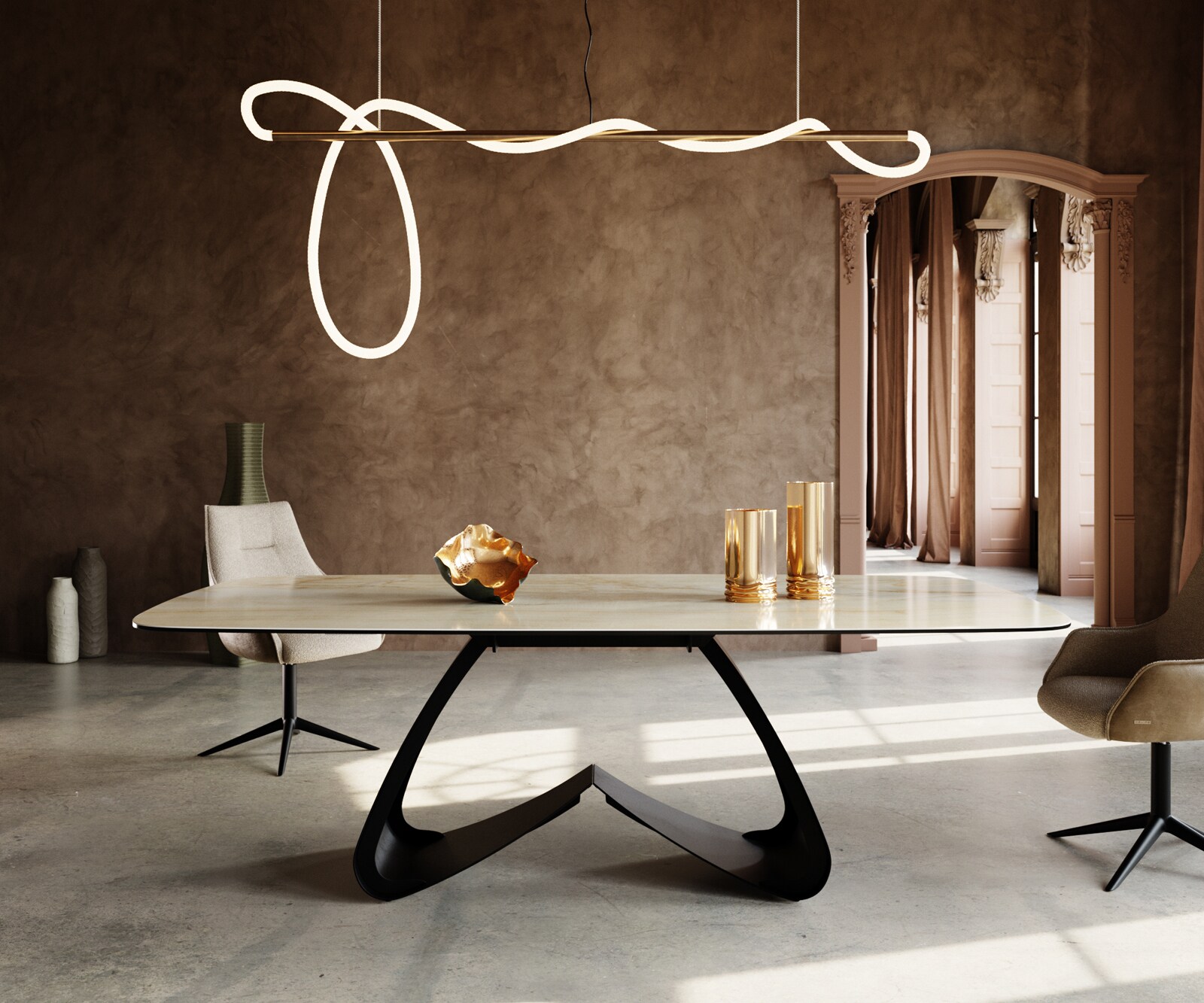 Stół do jadalni Edge w kształcie beczki 240x120cm ceramika Iris FMG Onice Oro rama W metal czarny 1