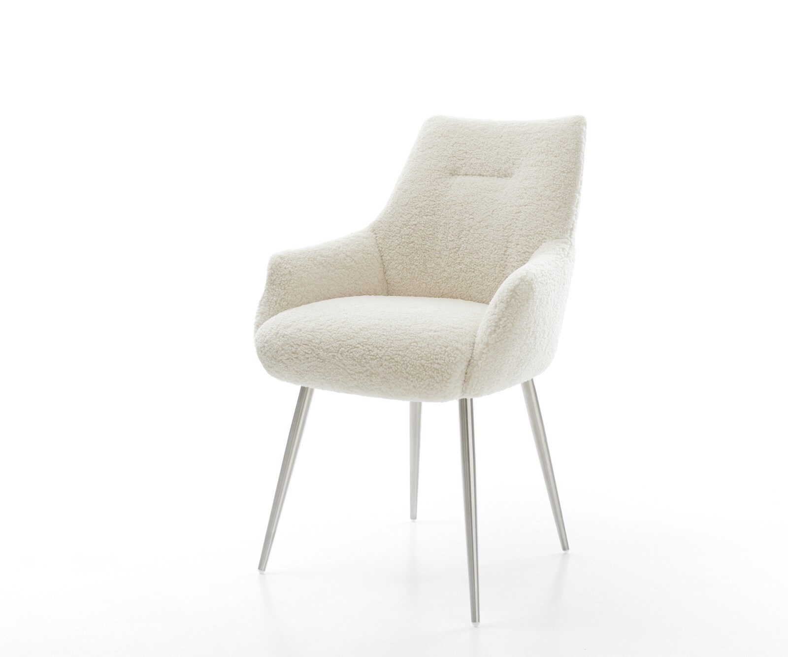 Krzesło do jadalni Alja-Flex z podłokietnikami tkanina teddy beżowa 4 nogi stożkowe stal nierdzewna ze sprężynami kieszeniowymi