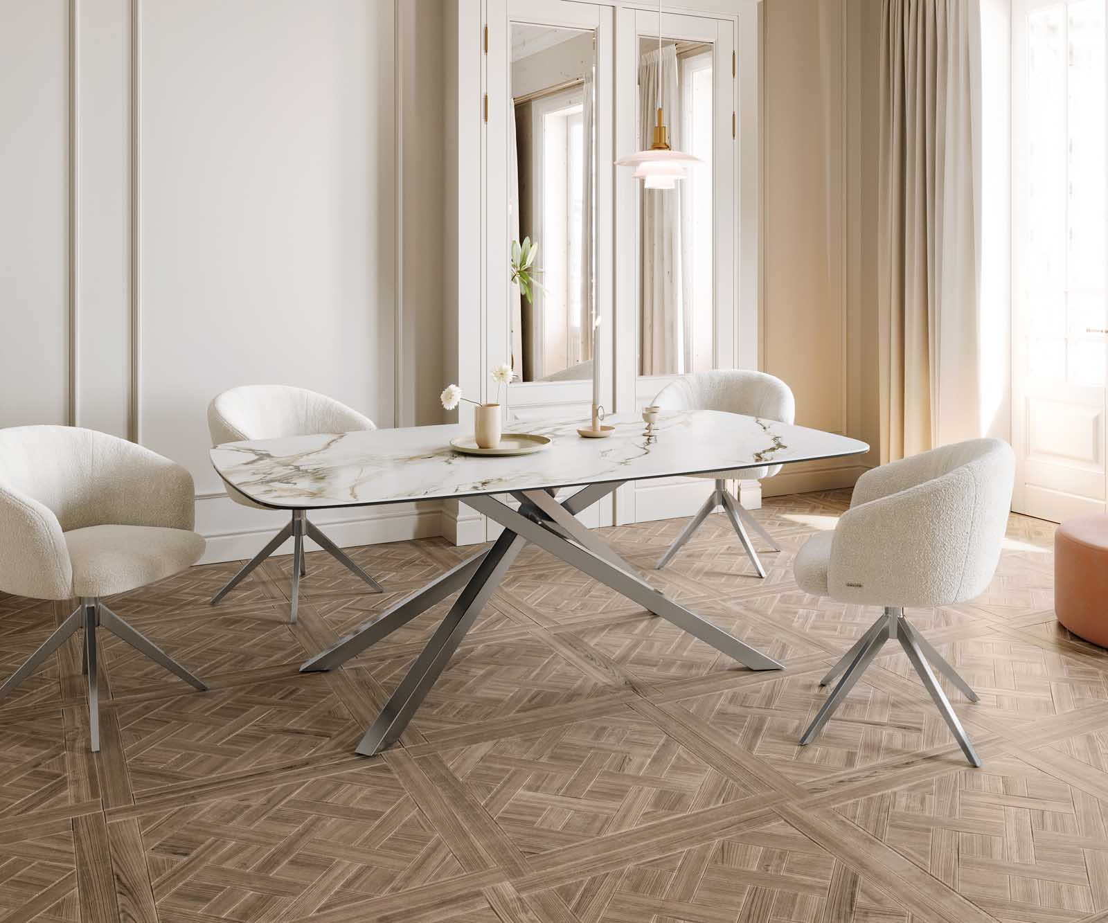 Stół do jadalni Edge kształt beczki 200x100cm ceramika Calacatta Luxe biało-złoto-szary rama Cross stal nierdzewna 6
