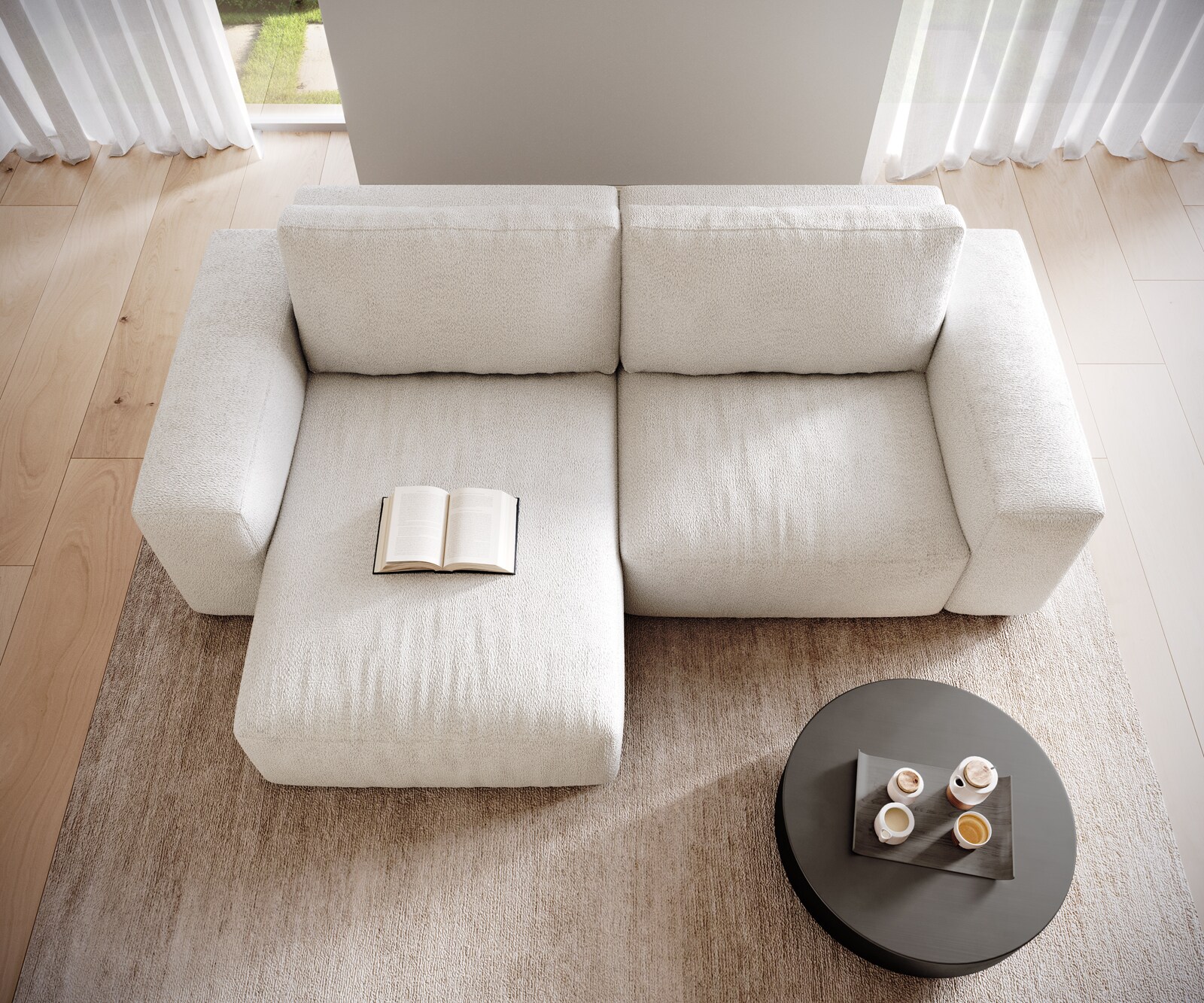 Sofa narożna Lanzo 230x155 cm bouclé kremowo-biały szezlong z możliwością zmiennego montażu 3