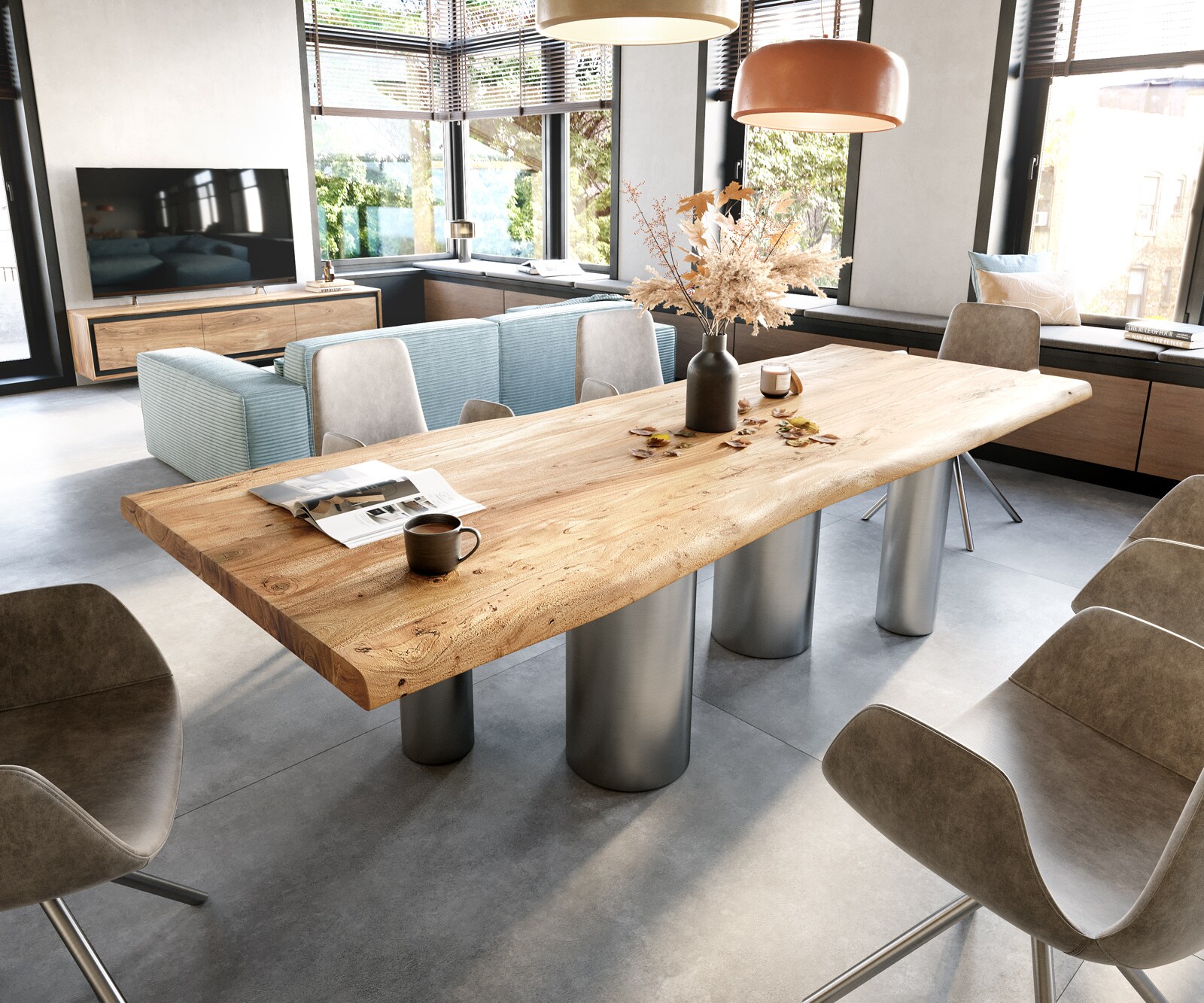 Stół do jadalni Edge 280x100 cm XL akacja naturalna rama Pilier stal nierdzewna szczotkowana