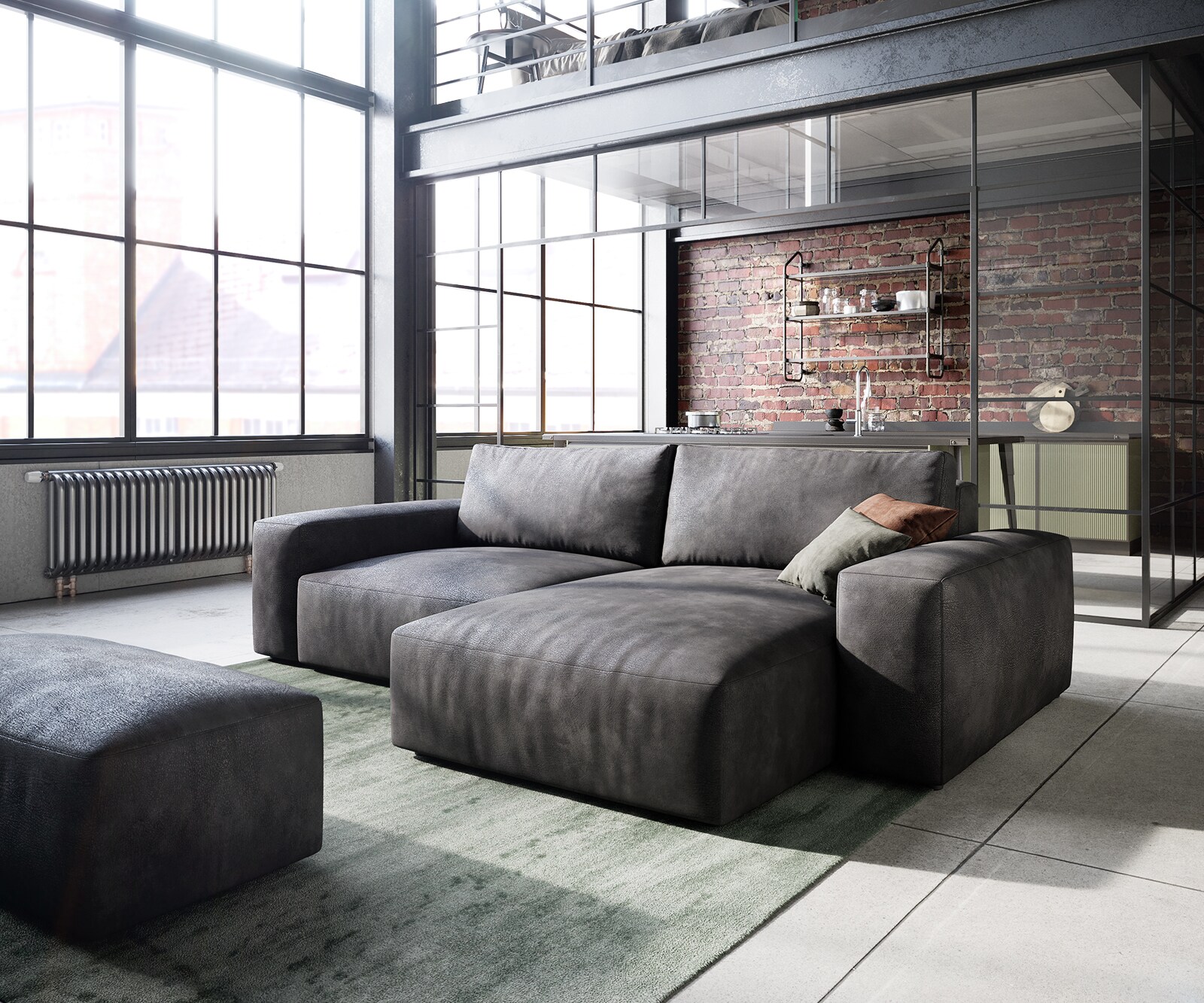 Sofa narożna Lanzo L 260x160 cm eko-skóra antracytowy vintage szezlong z możliwością obustronnego montażu z pufem