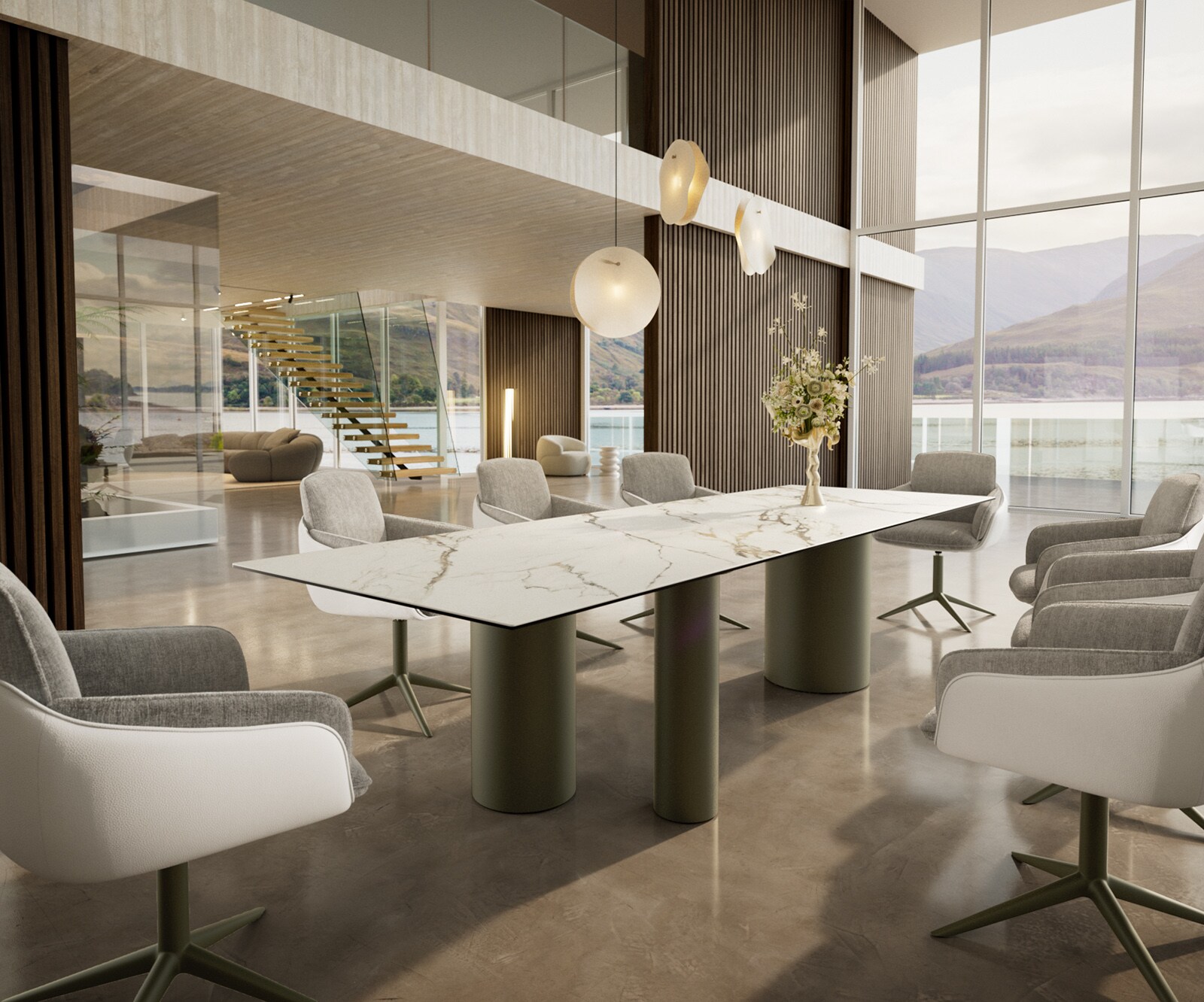 Stół do jadalni Edge 300x100cm ceramika Calacatta Luxe biało-złoto-szary rama Troa metal kolor tytanowy 5
