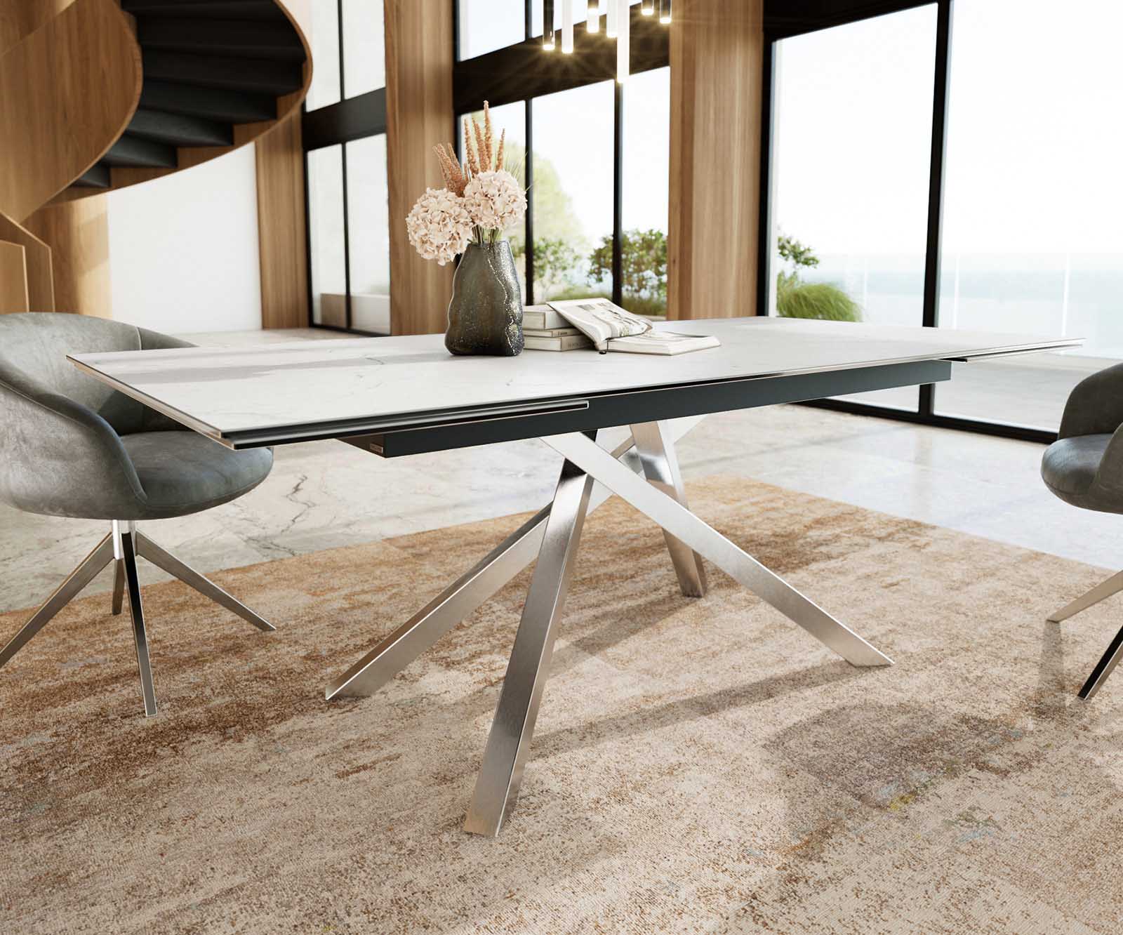 Stół do jadalni Edge 200-300x100 cm ceramika Laminam® Statuarietto biały rama Cross stal nierdzewna rozkładany 5