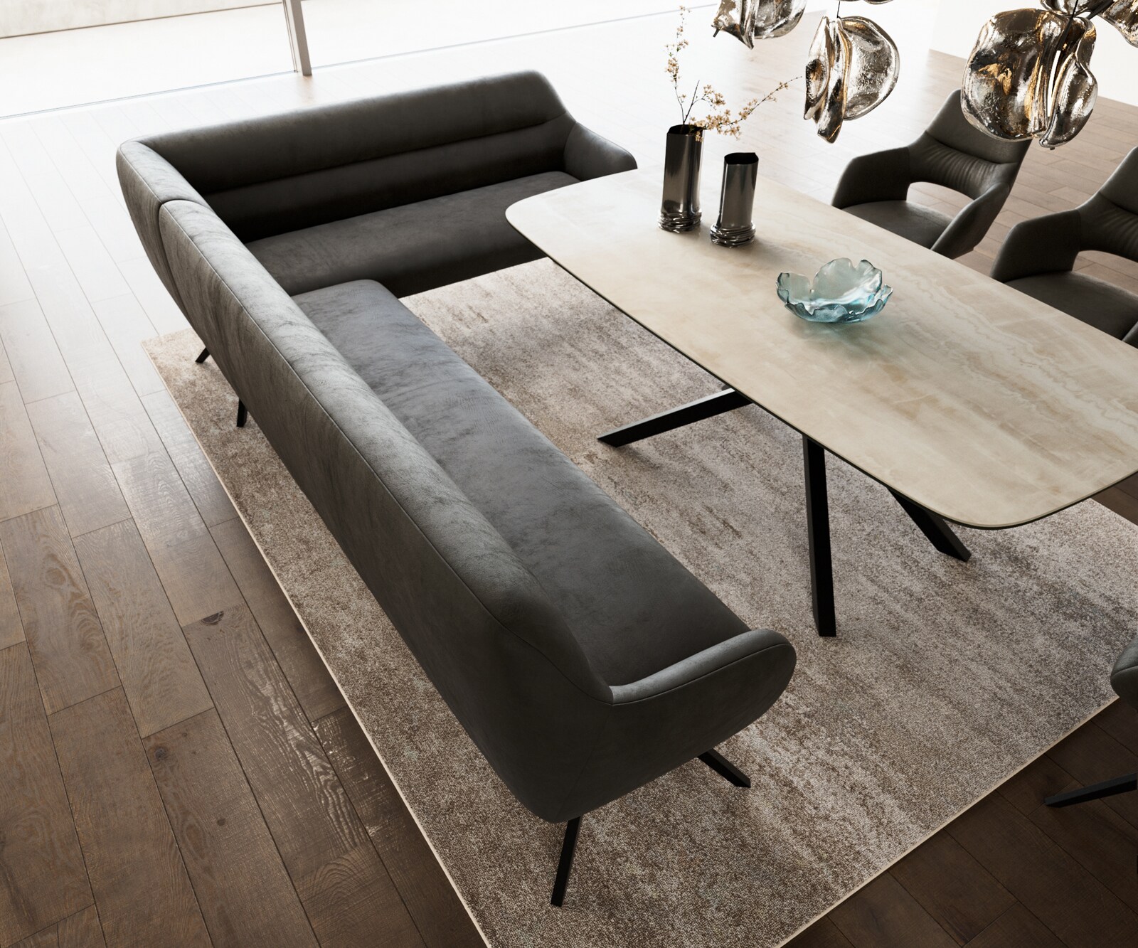 Ławka do jadalni Taya-Flex 285x190 cm mikrofibra antracytowy vintage podstawa krzyżowa kątowa metal czarny sprężyny kieszeniowe lewa 4