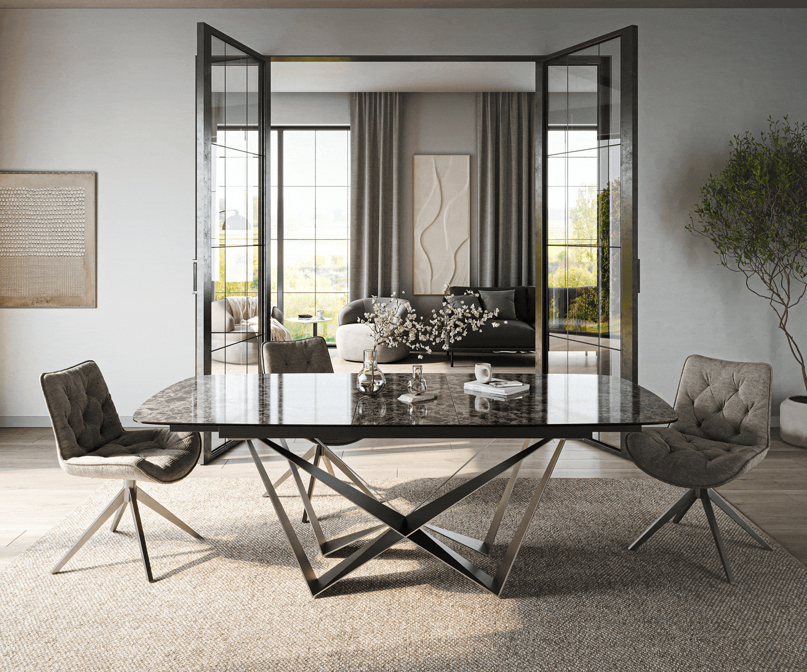 Stół do jadalni Edge w kształcie beczki 180-220x100 cm ceramika Emperador Extra Lucidato ciemnobrązowa rama Spider stal nierdzewna kolor grafitowy rozkładany 1