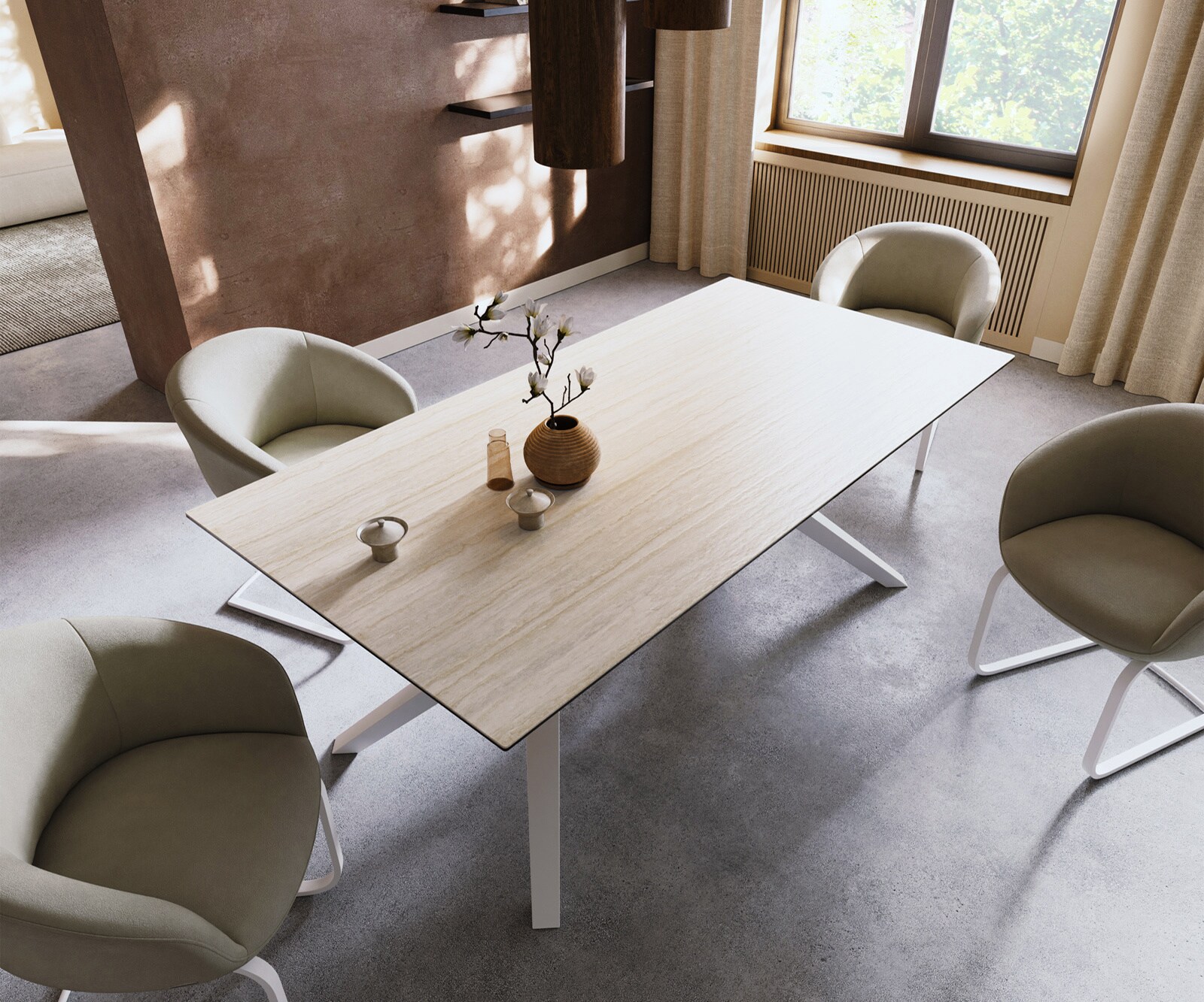 Stół do jadalni Edge 200x100cm ceramika Laminam® Travertino Bianco kremowo-biały rama Zenthara metal biały 3