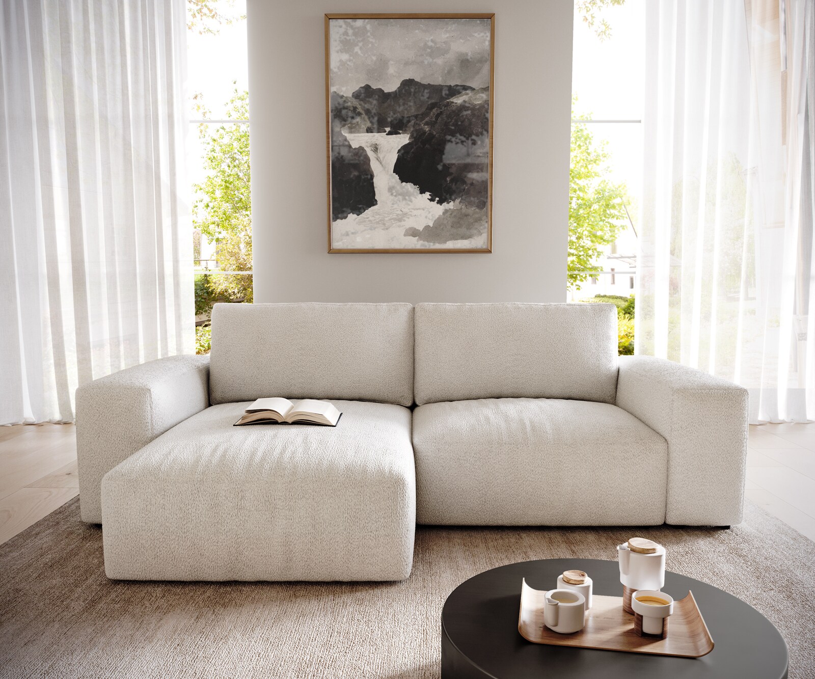 Sofa narożna Lanzo 230x155 cm bouclé kremowo-biały szezlong z możliwością zmiennego montażu 1