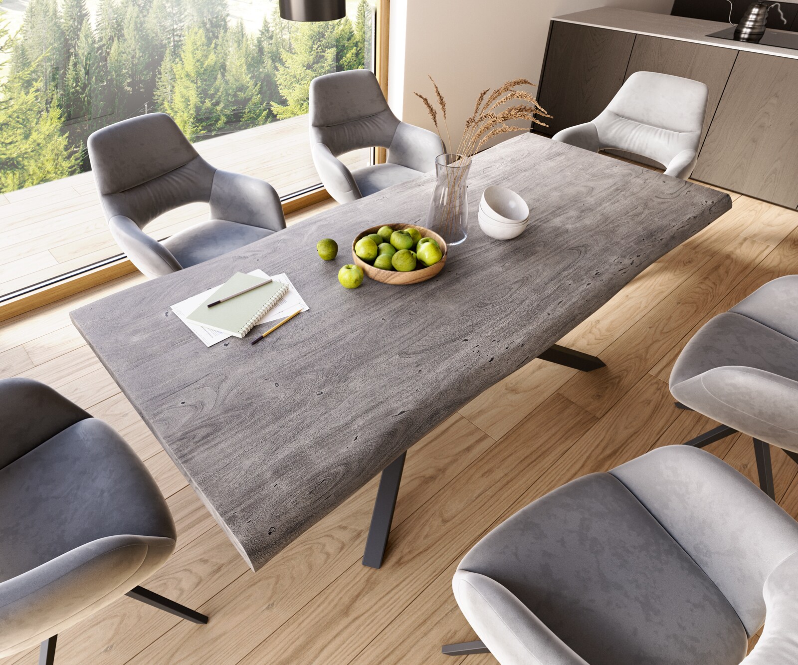 Stół do jadalni Edge 220x100 cm XL akacja platynowa rama Cross czarna live-edge 4