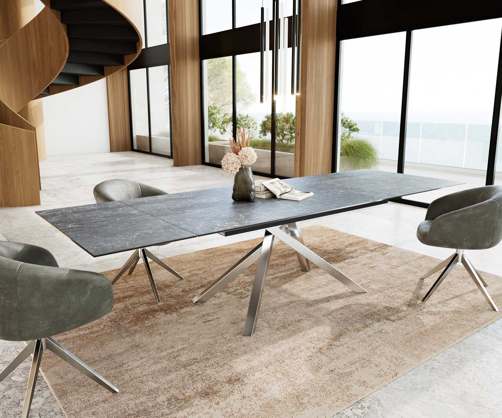 Stół do jadalni Edge 200-300x100 cm ceramika Laminam® Nero Greco antracyt rama Cross stal nierdzewna rozkładany 5