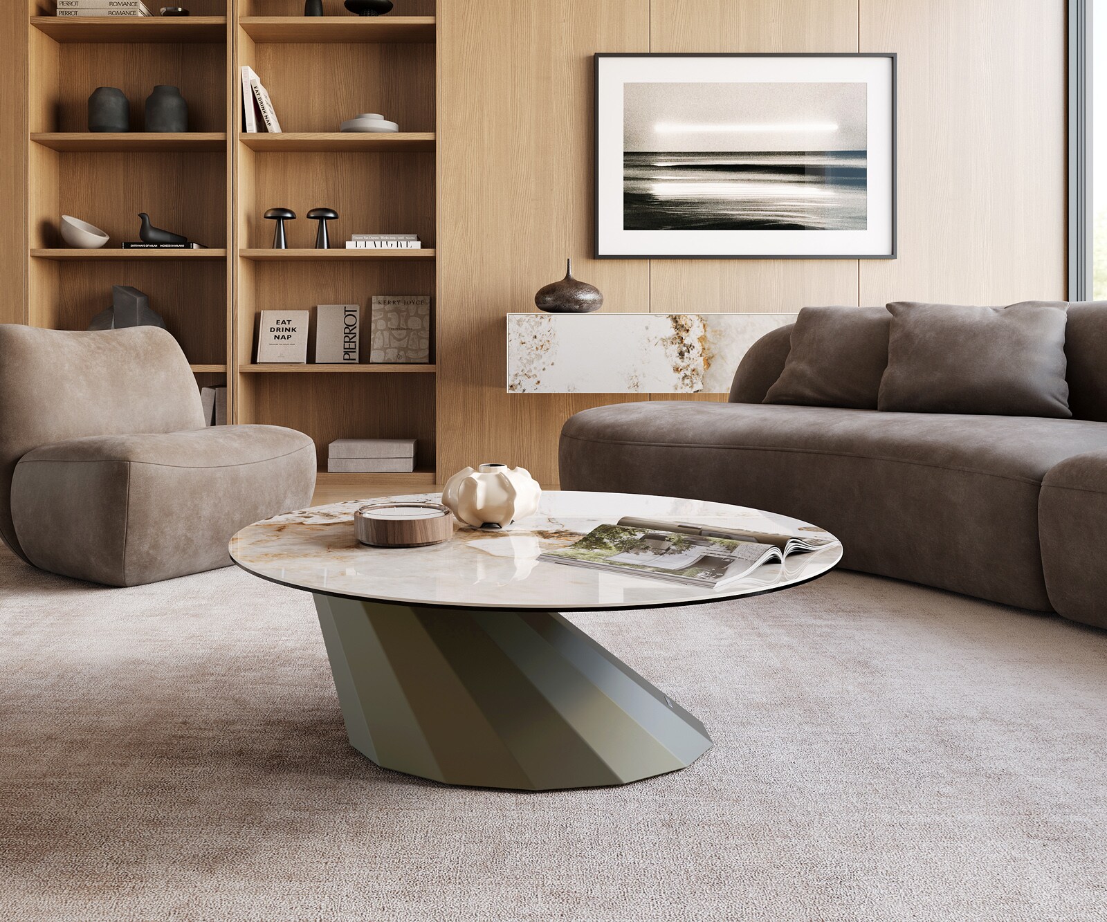 Stolik kawowy Edge okrągły 100x100 cm ceramika Minas Melange podstawa Parabi metal w kolorze tytanowym 2