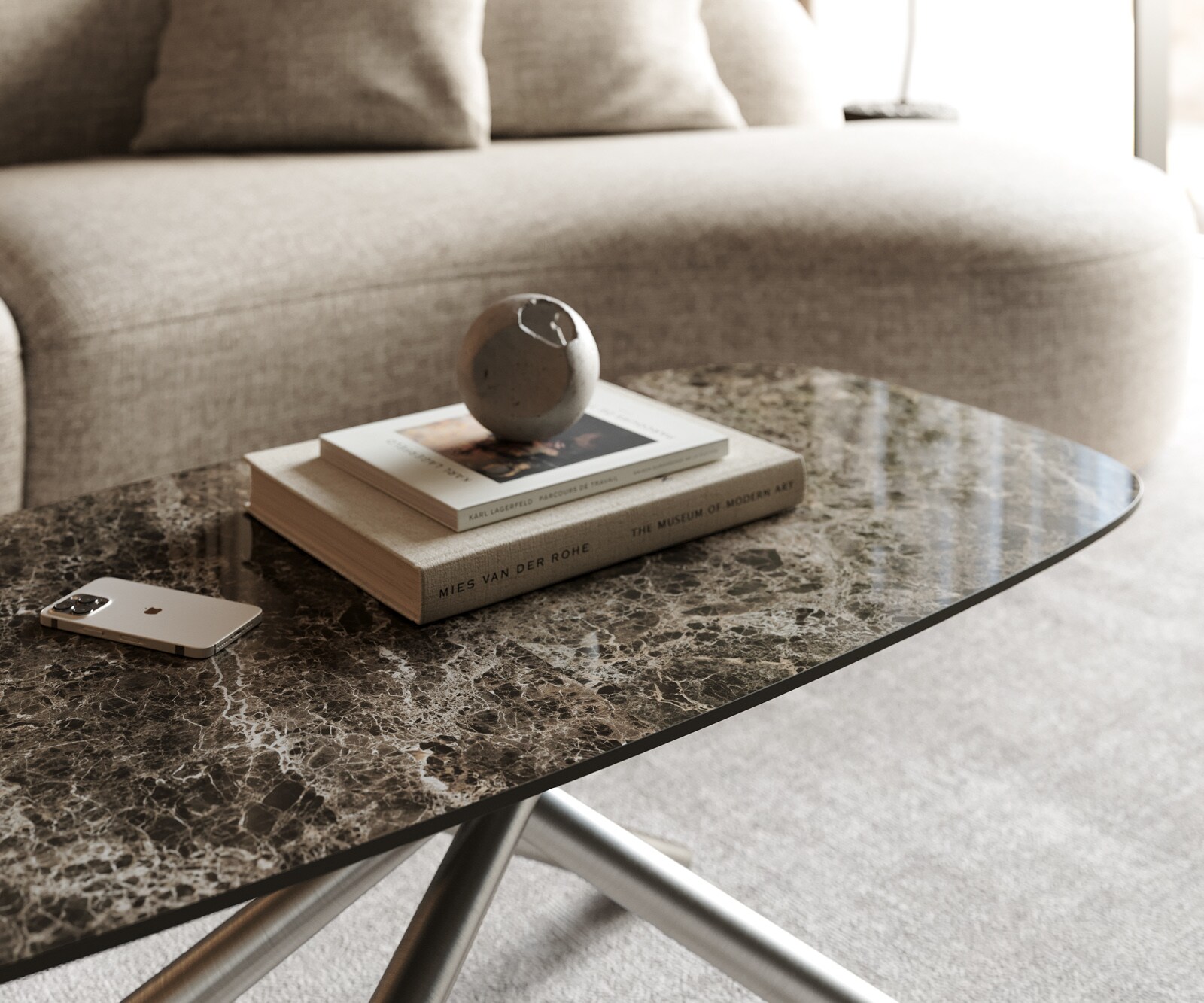 Stolik kawowy Edge w kształcie beczki 100x50 cm ceramika Laminam® Emperador Extra Lucidato ciemnobrązowy Sarity stal nierdzewna szczotkowana 5