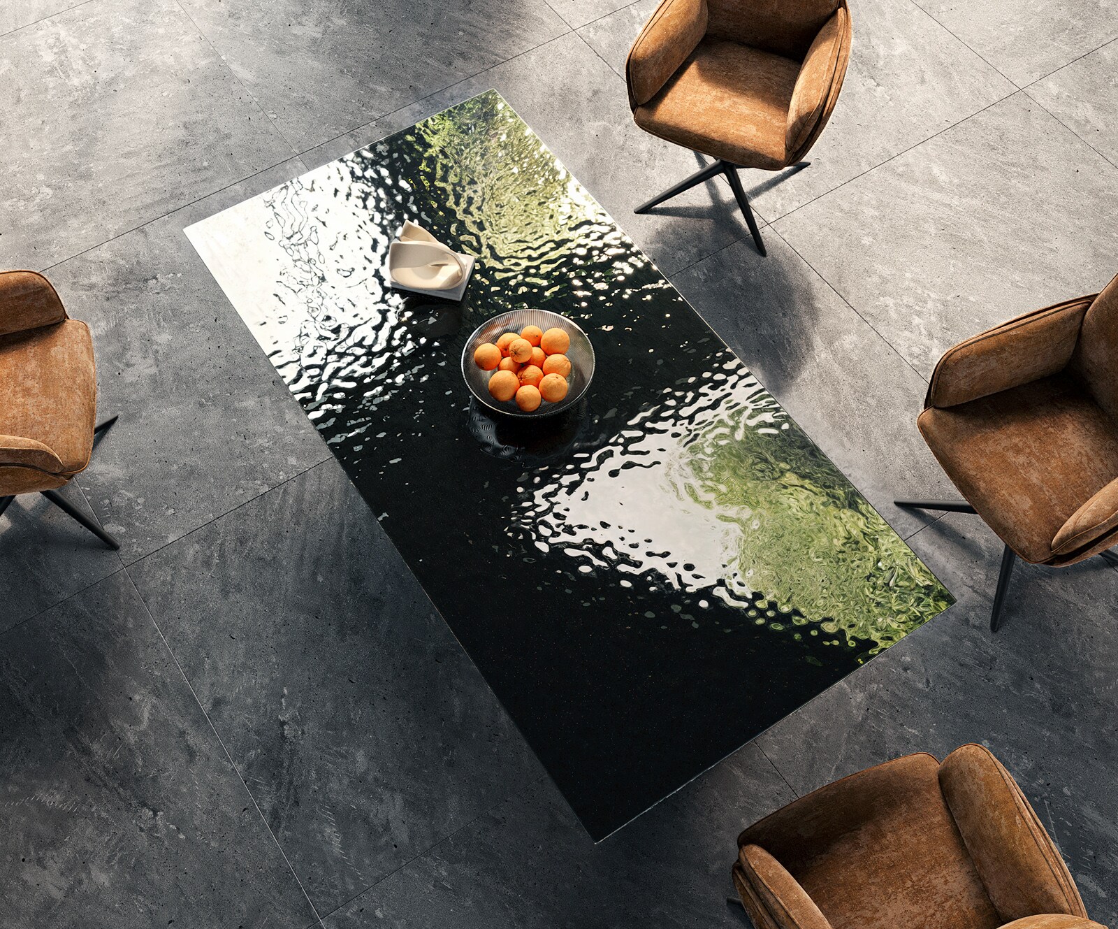 Stół do jadalni Edge 200x100 cm szkło reliefowe czarne efekt 3D metal pochylona rama czarna 4