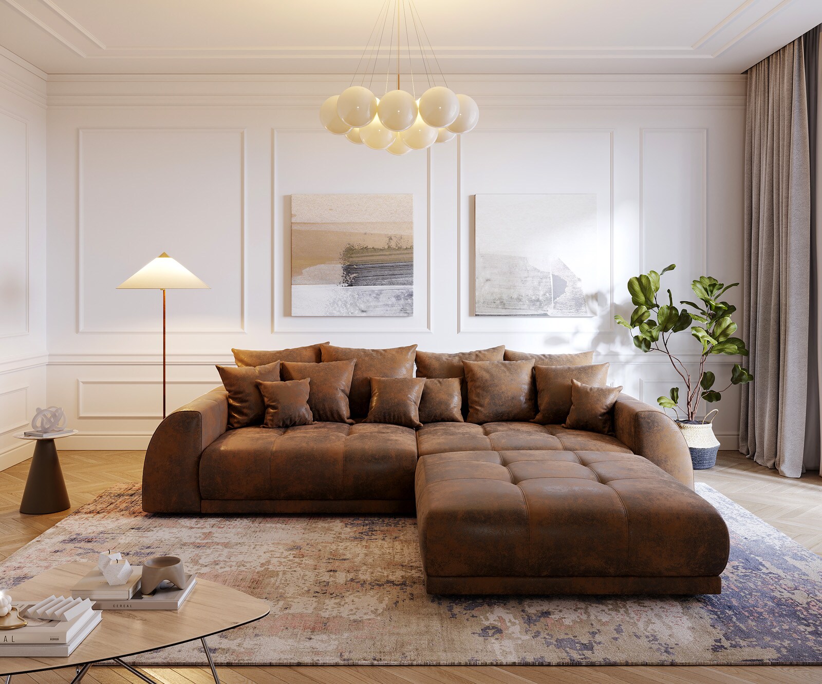 Sofa Violetta XL 310x135cm brązowy antyczny z pufem i poduszkami 1