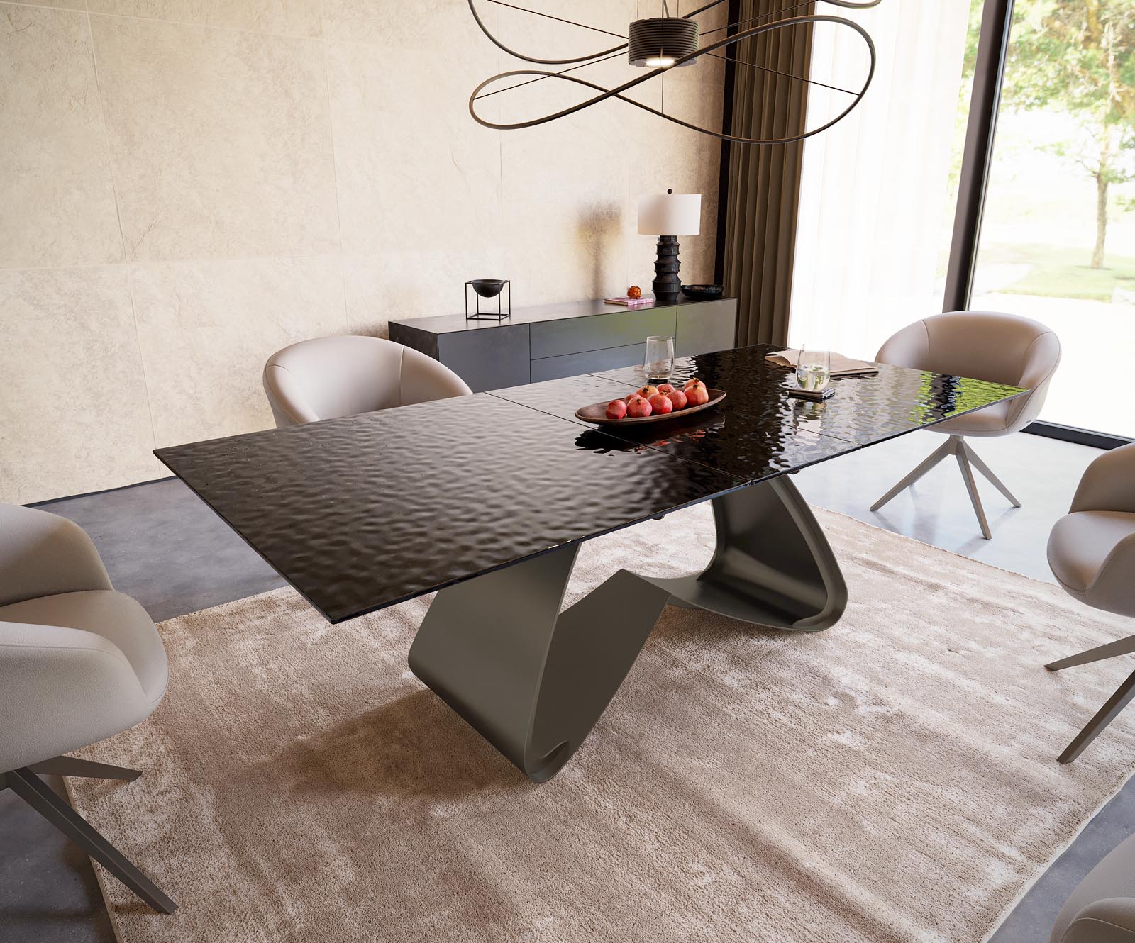 Stół do jadalni Edge 200-300x100 cm szkło reliefowe czarne efekt 3D rama W czarna rozkładany 5